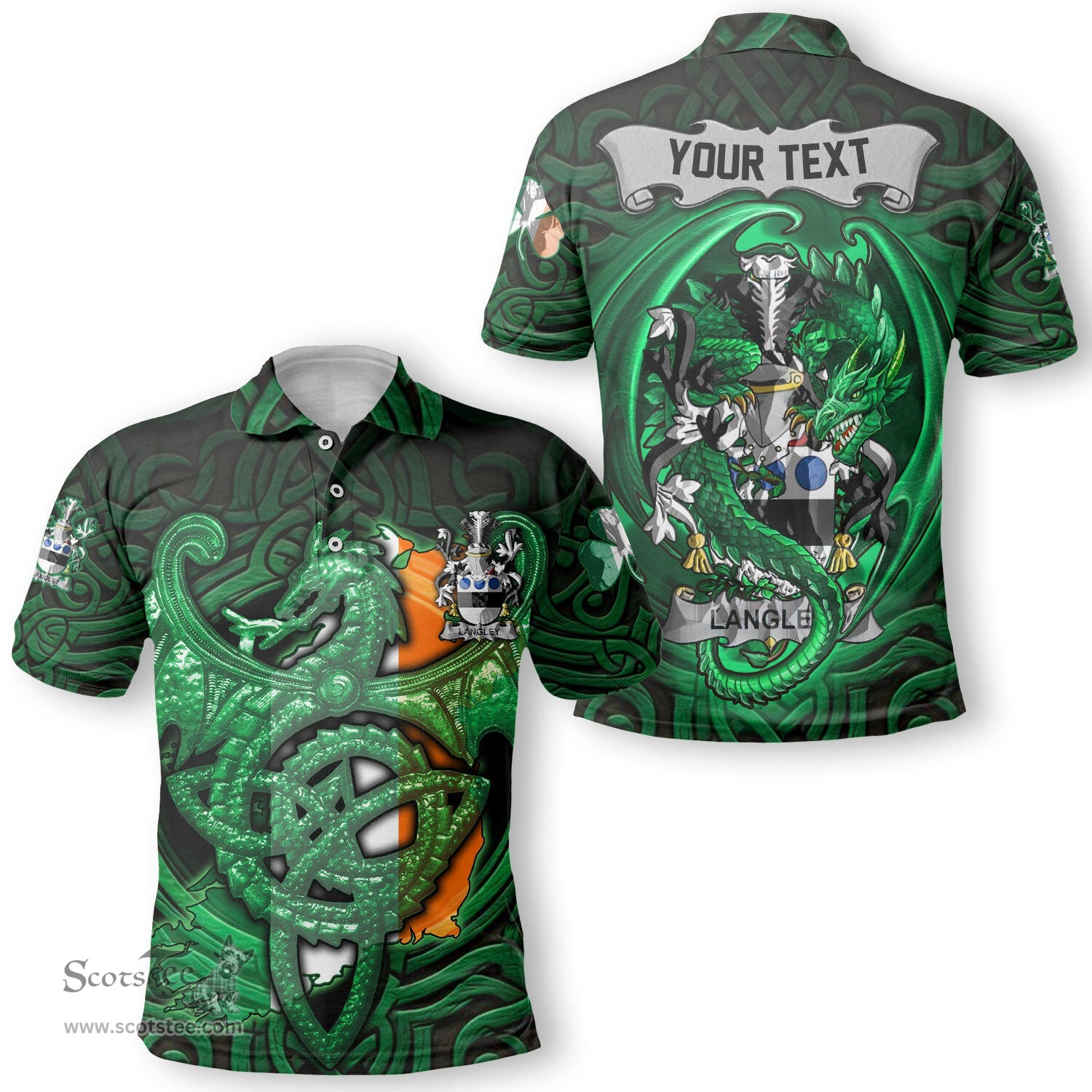 ScotsTee Shop Irish Langley Coat of Arms Irish Polo Shirt Family Crest Green Dragon Of Ireland Polo Shirt