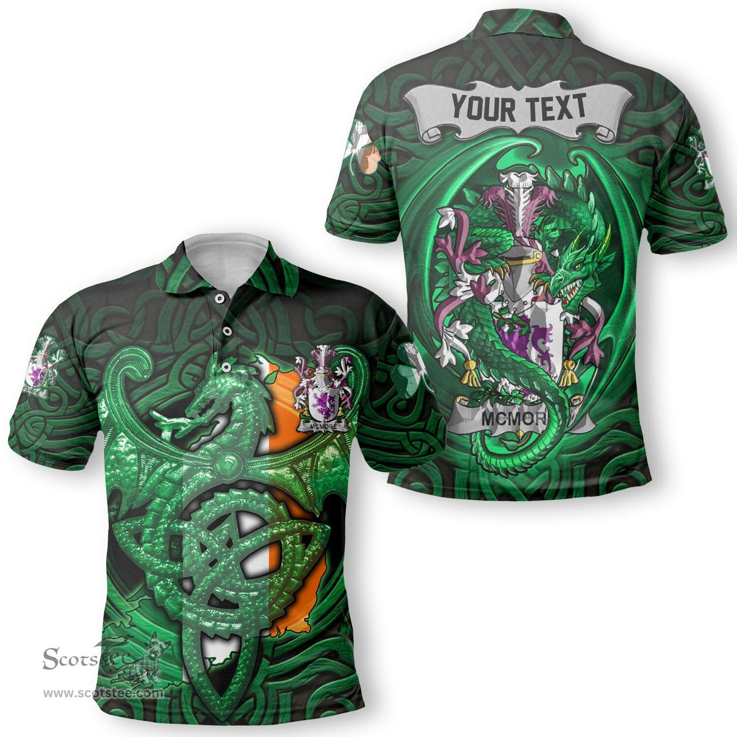 ScotsTee Shop Irish McMore or More Coat of Arms Irish Polo Shirt Family Crest Green Dragon Of Ireland Polo Shirt