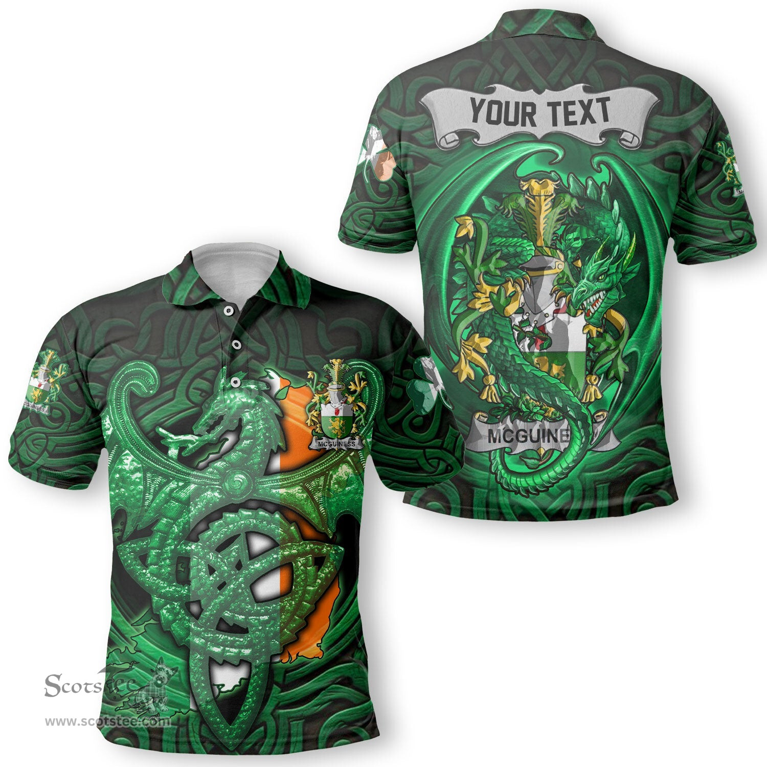 ScotsTee Shop Irish McGuiness or McGenis Coat of Arms Irish Polo Shirt Family Crest Green Dragon Of Ireland Polo Shirt