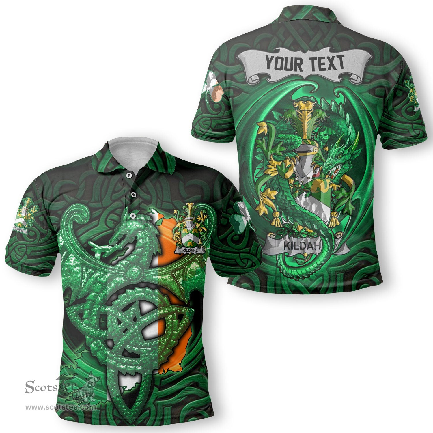 ScotsTee Shop Irish Kildahl Coat of Arms Irish Polo Shirt Family Crest Green Dragon Of Ireland Polo Shirt