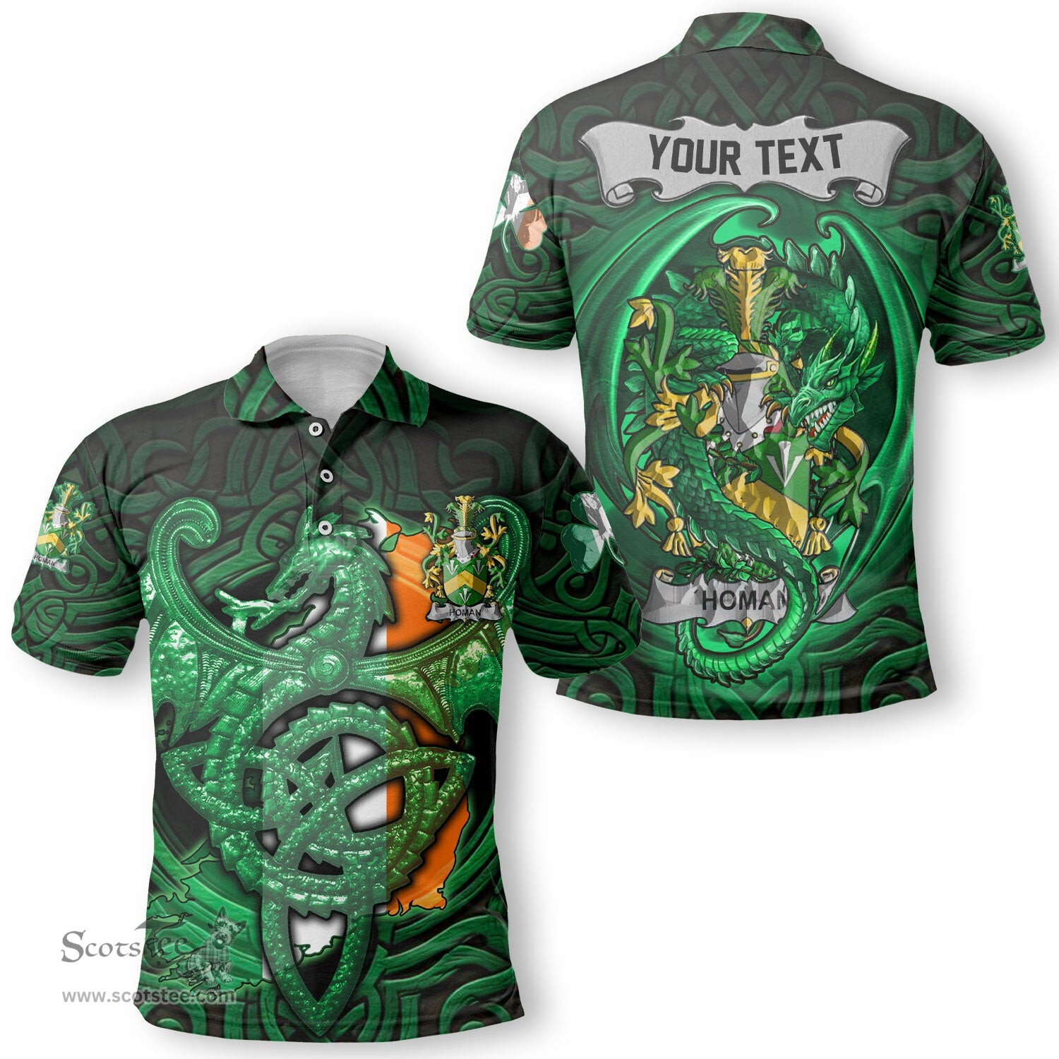 ScotsTee Shop Irish Homan or Howman Coat of Arms Irish Polo Shirt Family Crest Green Dragon Of Ireland Polo Shirt