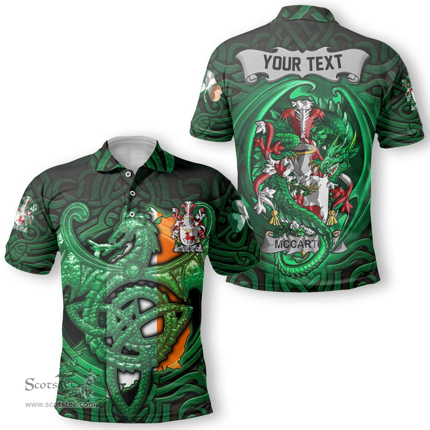 ScotsTee Shop Irish McCarthy Coat of Arms Irish Polo Shirt Family Crest Green Dragon Of Ireland Polo Shirt