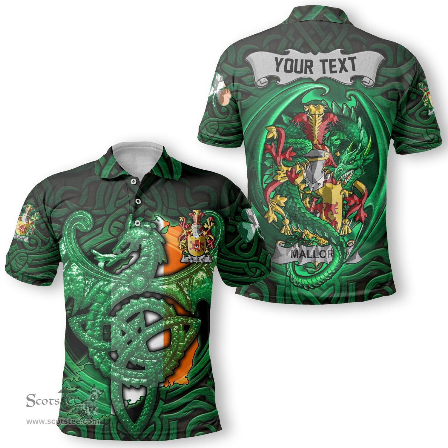 ScotsTee Shop Irish Mallory Coat of Arms Irish Polo Shirt Family Crest Green Dragon Of Ireland Polo Shirt