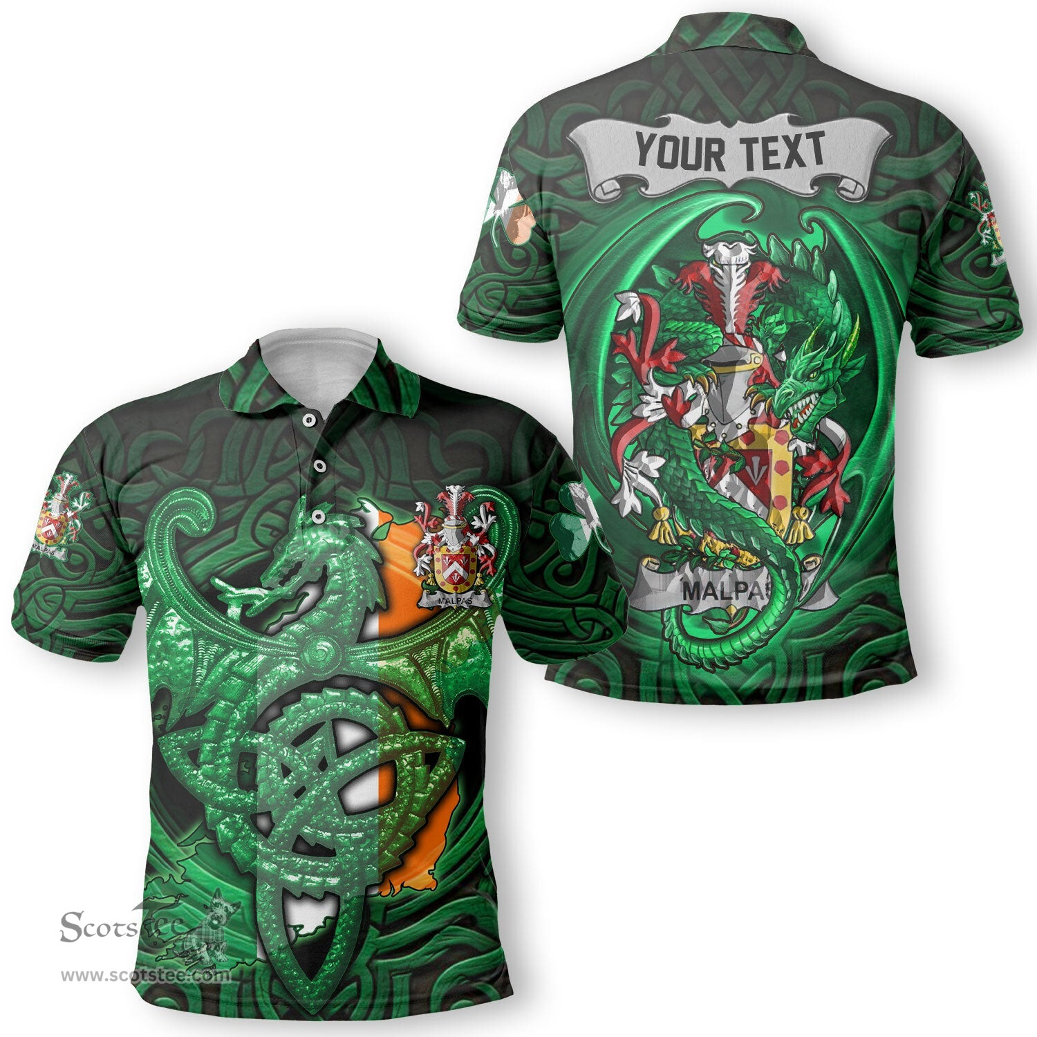 ScotsTee Shop Irish Malpas Coat of Arms Irish Polo Shirt Family Crest Green Dragon Of Ireland Polo Shirt