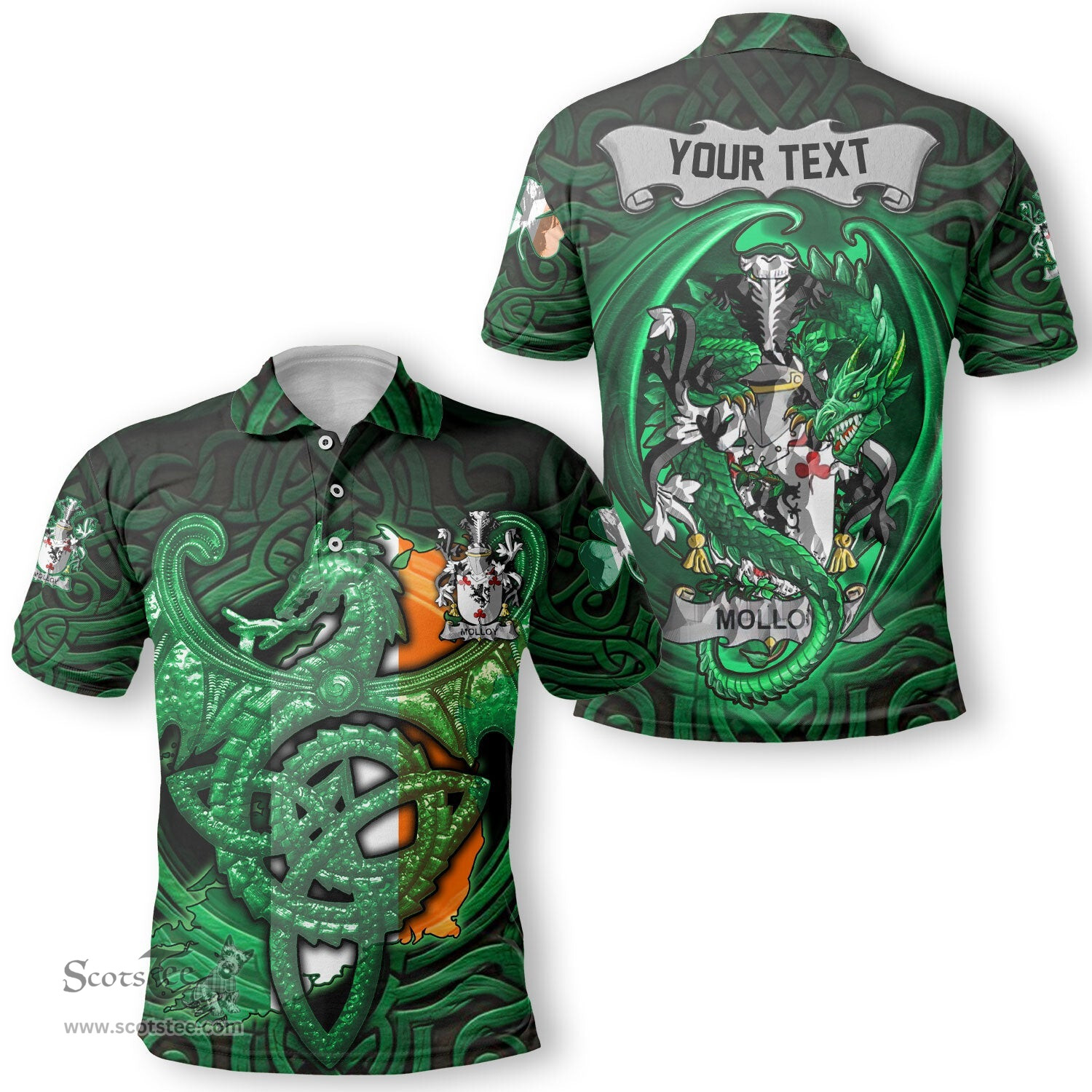 ScotsTee Shop Irish Molloy or O Mulloy Coat of Arms Irish Polo Shirt Family Crest Green Dragon Of Ireland Polo Shirt