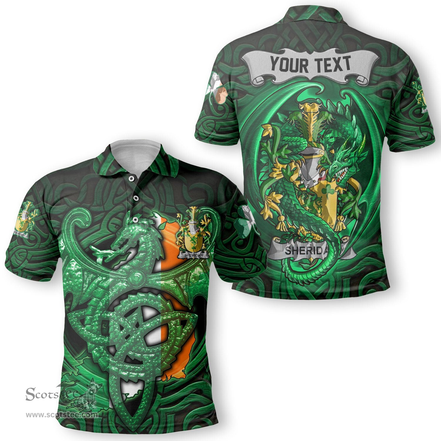 ScotsTee Shop Irish Sheridan Coat of Arms Irish Polo Shirt Family Crest Green Dragon Of Ireland Polo Shirt
