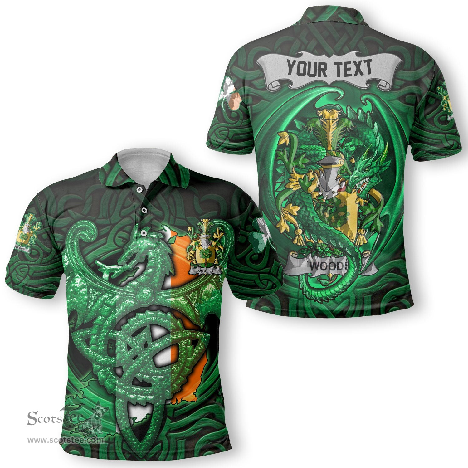 ScotsTee Shop Irish Woods Coat of Arms Irish Polo Shirt Family Crest Green Dragon Of Ireland Polo Shirt