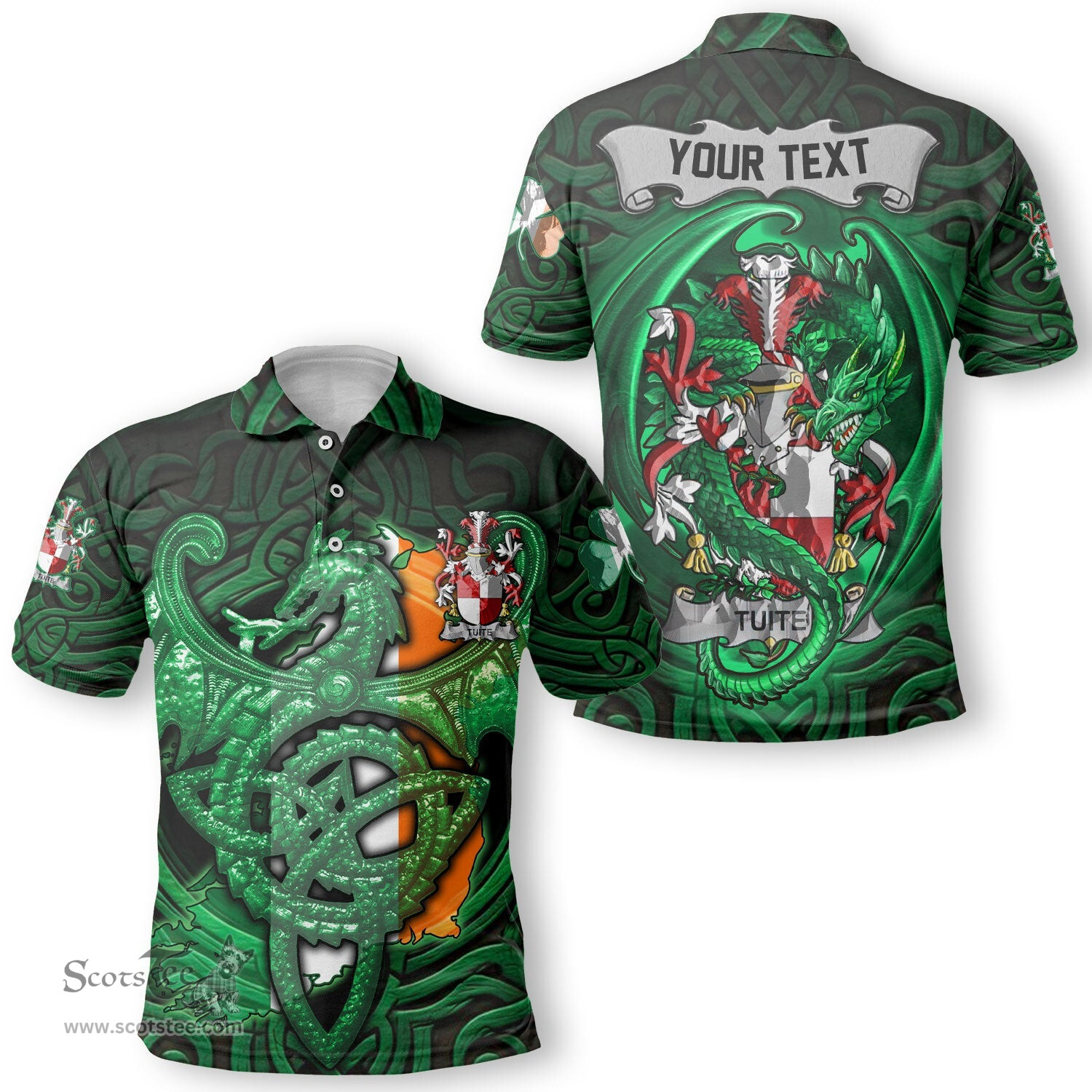 ScotsTee Shop Irish Tuite Coat of Arms Irish Polo Shirt Family Crest Green Dragon Of Ireland Polo Shirt