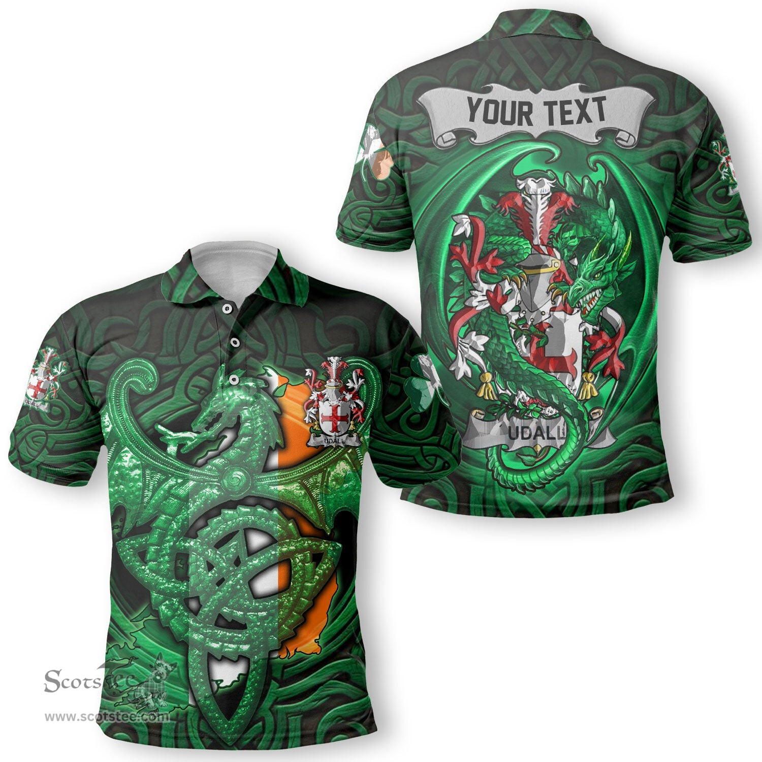 ScotsTee Shop Irish Udall Coat of Arms Irish Polo Shirt Family Crest Green Dragon Of Ireland Polo Shirt