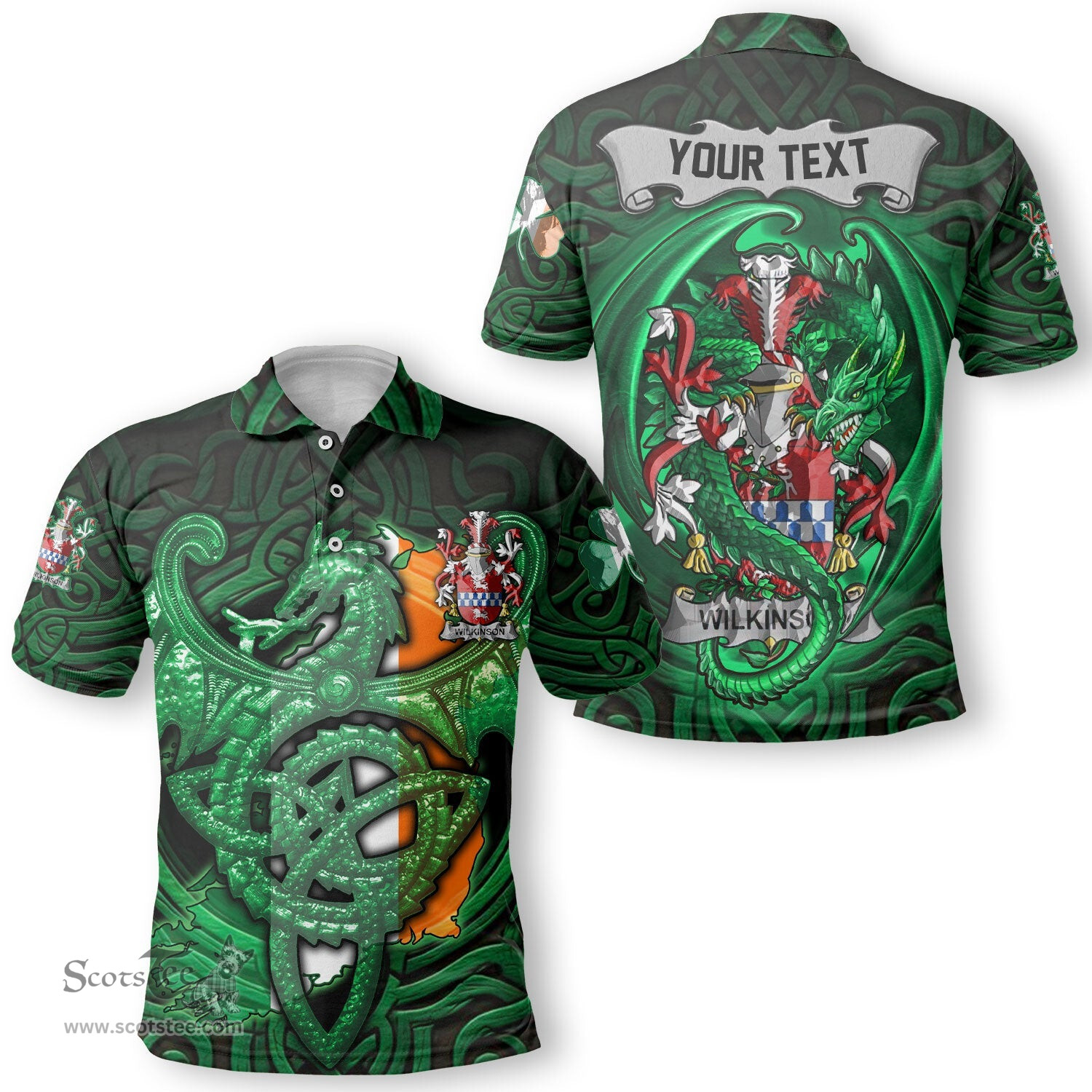 ScotsTee Shop Irish Wilkinson Coat of Arms Irish Polo Shirt Family Crest Green Dragon Of Ireland Polo Shirt