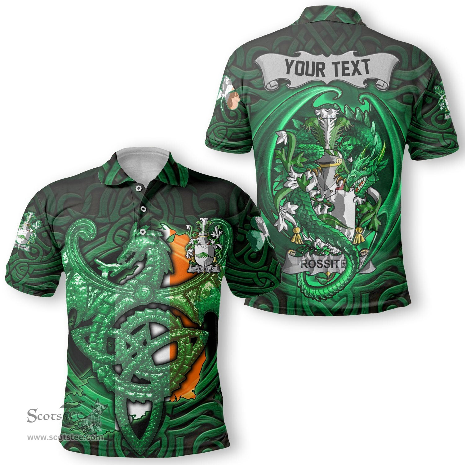 ScotsTee Shop Irish Rossiter Coat of Arms Irish Polo Shirt Family Crest Green Dragon Of Ireland Polo Shirt