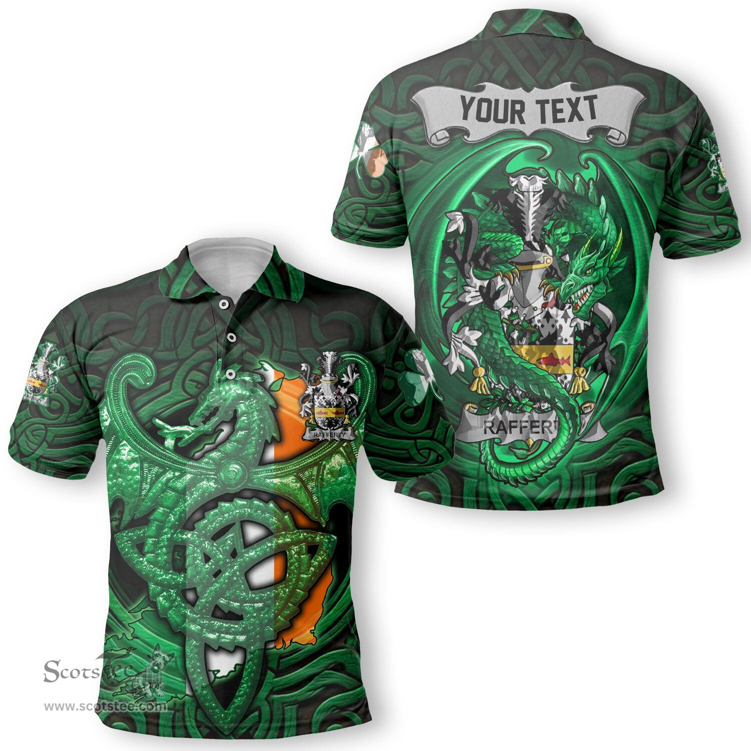 ScotsTee Shop Irish Rafferty or O Rafferty Coat of Arms Irish Polo Shirt Family Crest Green Dragon Of Ireland Polo Shirt