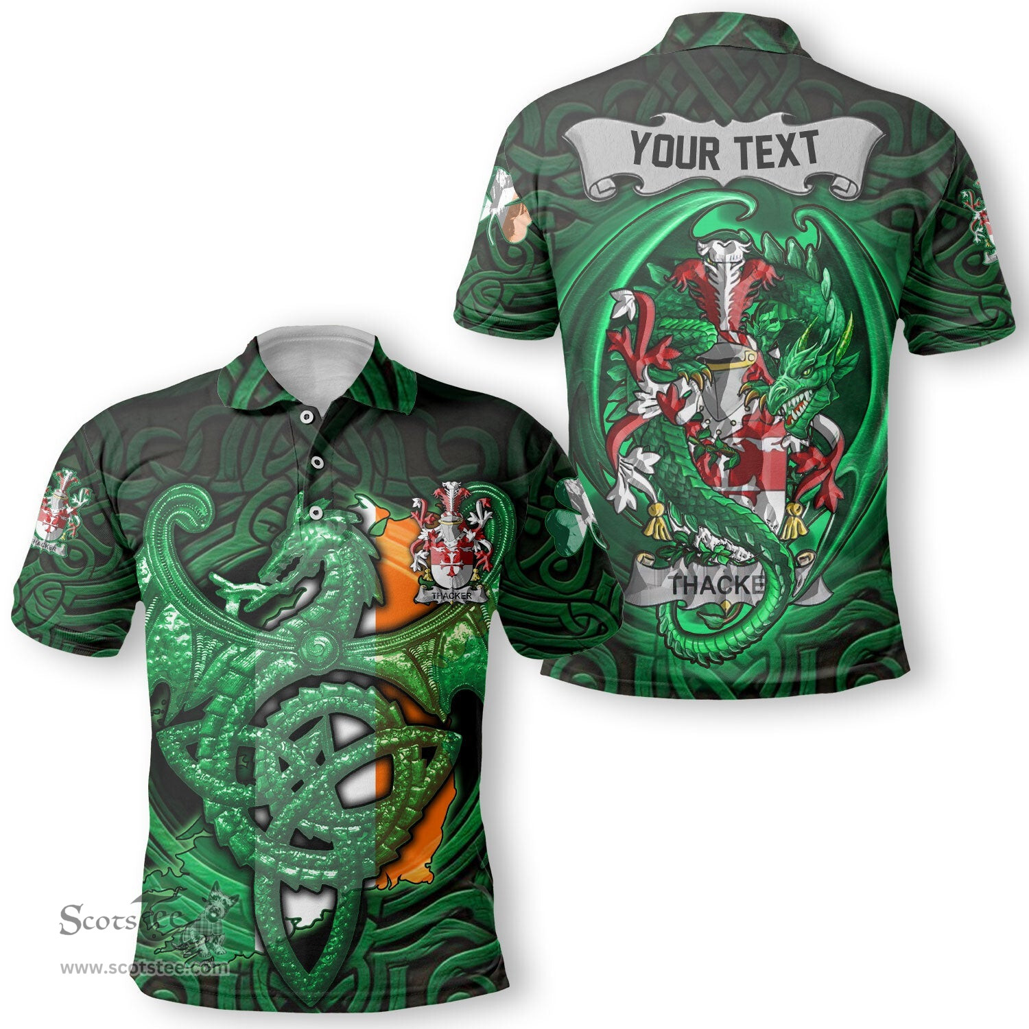ScotsTee Shop Irish Thacker Coat of Arms Irish Polo Shirt Family Crest Green Dragon Of Ireland Polo Shirt