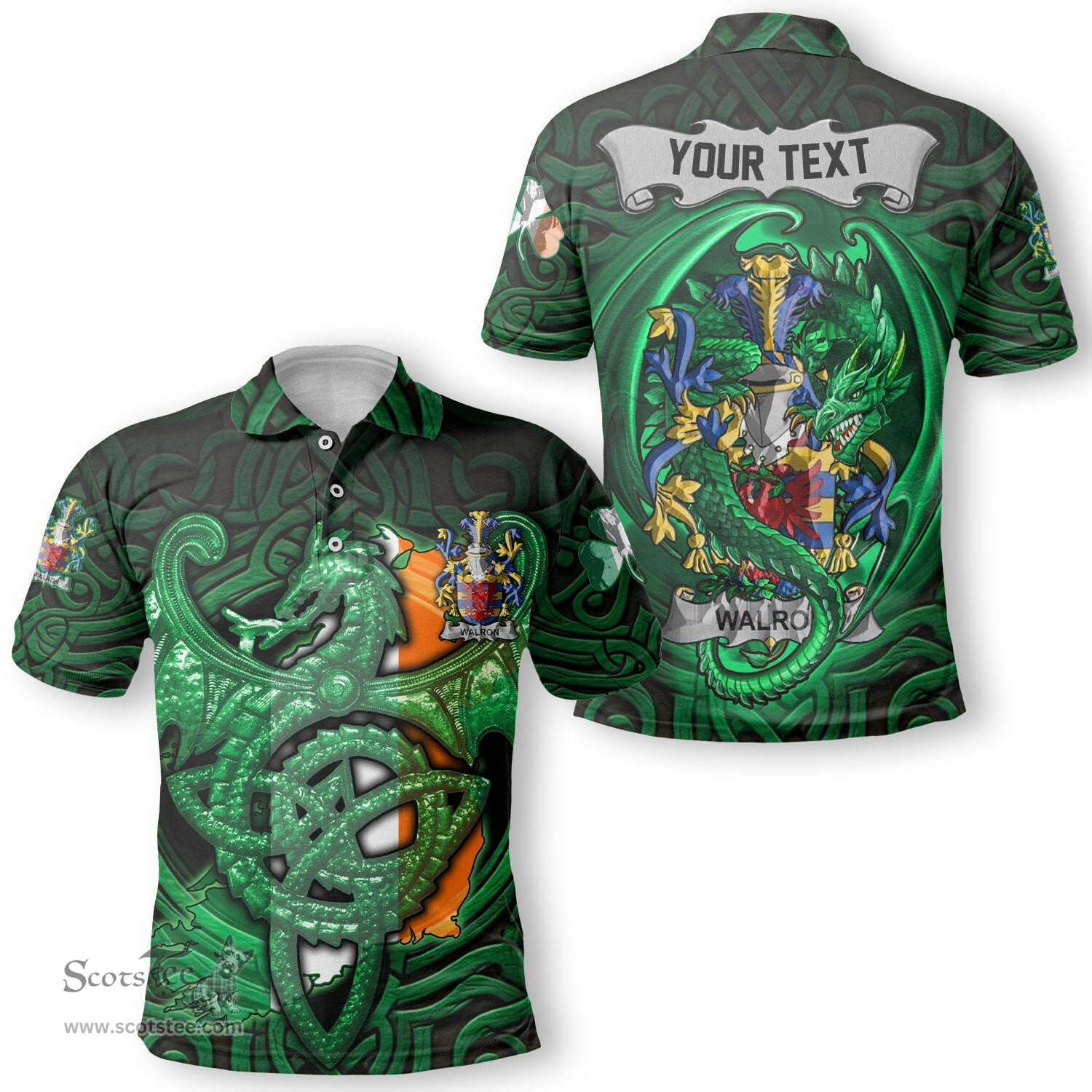 ScotsTee Shop Irish Walron Coat of Arms Irish Polo Shirt Family Crest Green Dragon Of Ireland Polo Shirt