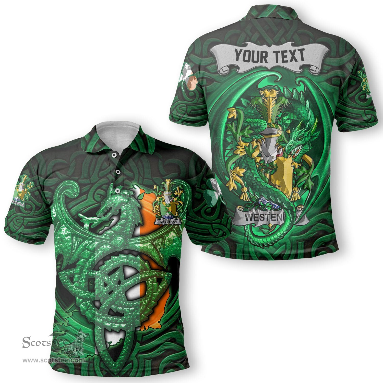 ScotsTee Shop Irish Westenra Coat of Arms Irish Polo Shirt Family Crest Green Dragon Of Ireland Polo Shirt