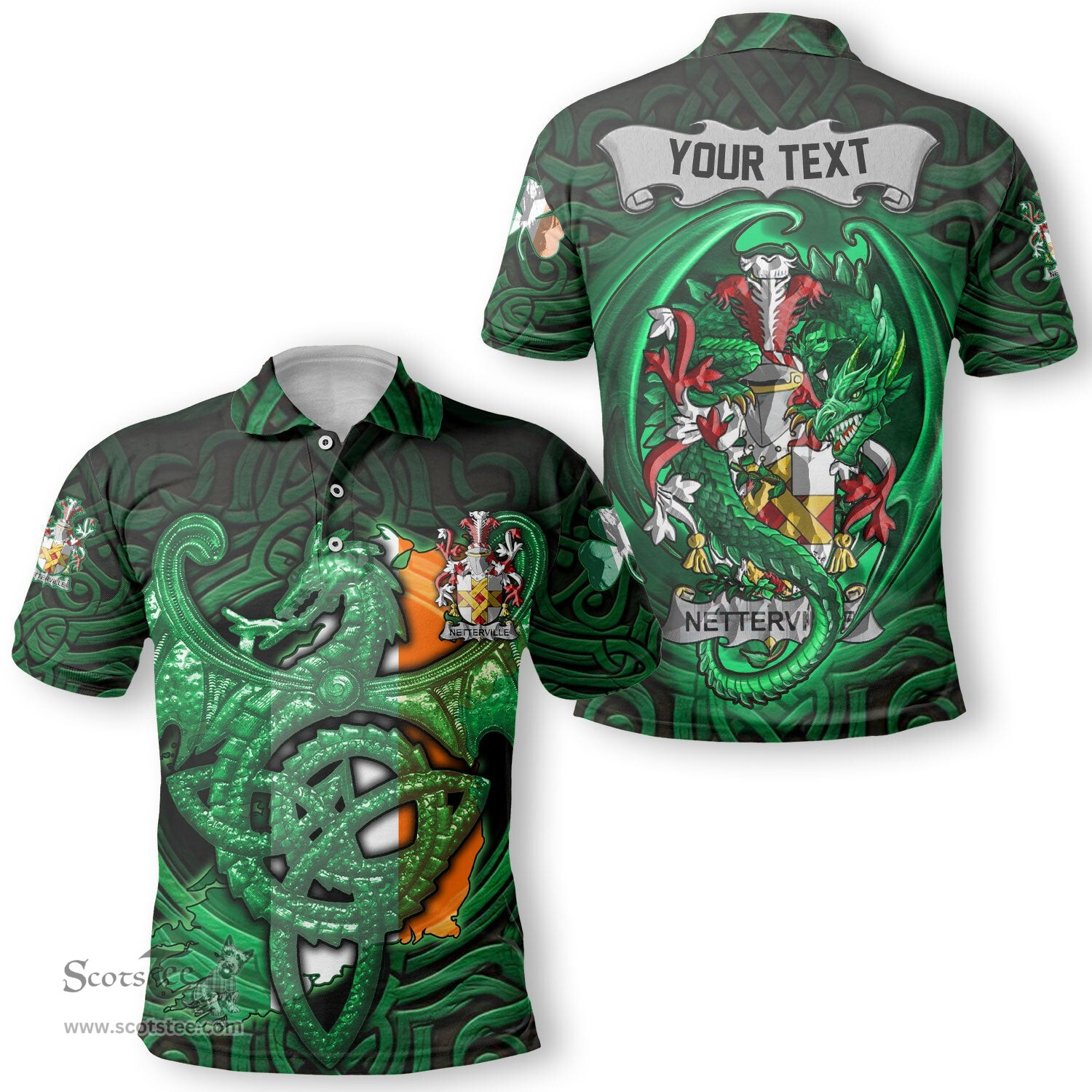 ScotsTee Shop Irish Netterville or Netterfield Coat of Arms Irish Polo Shirt Family Crest Green Dragon Of Ireland Polo Shirt