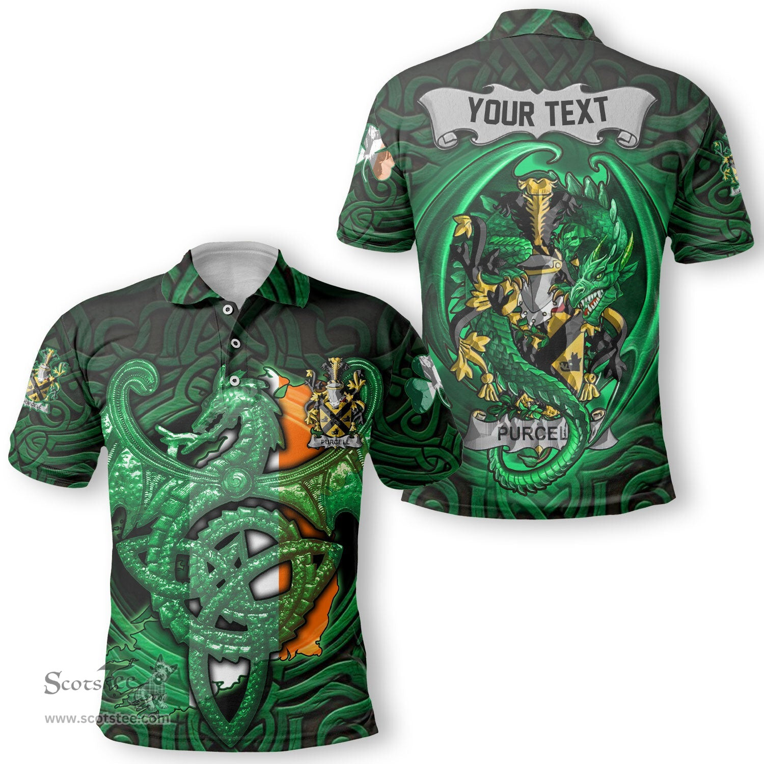 ScotsTee Shop Irish Purcell Coat of Arms Irish Polo Shirt Family Crest Green Dragon Of Ireland Polo Shirt