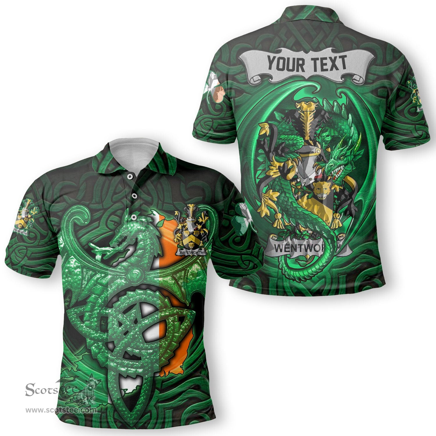 ScotsTee Shop Irish Wentworth Coat of Arms Irish Polo Shirt Family Crest Green Dragon Of Ireland Polo Shirt
