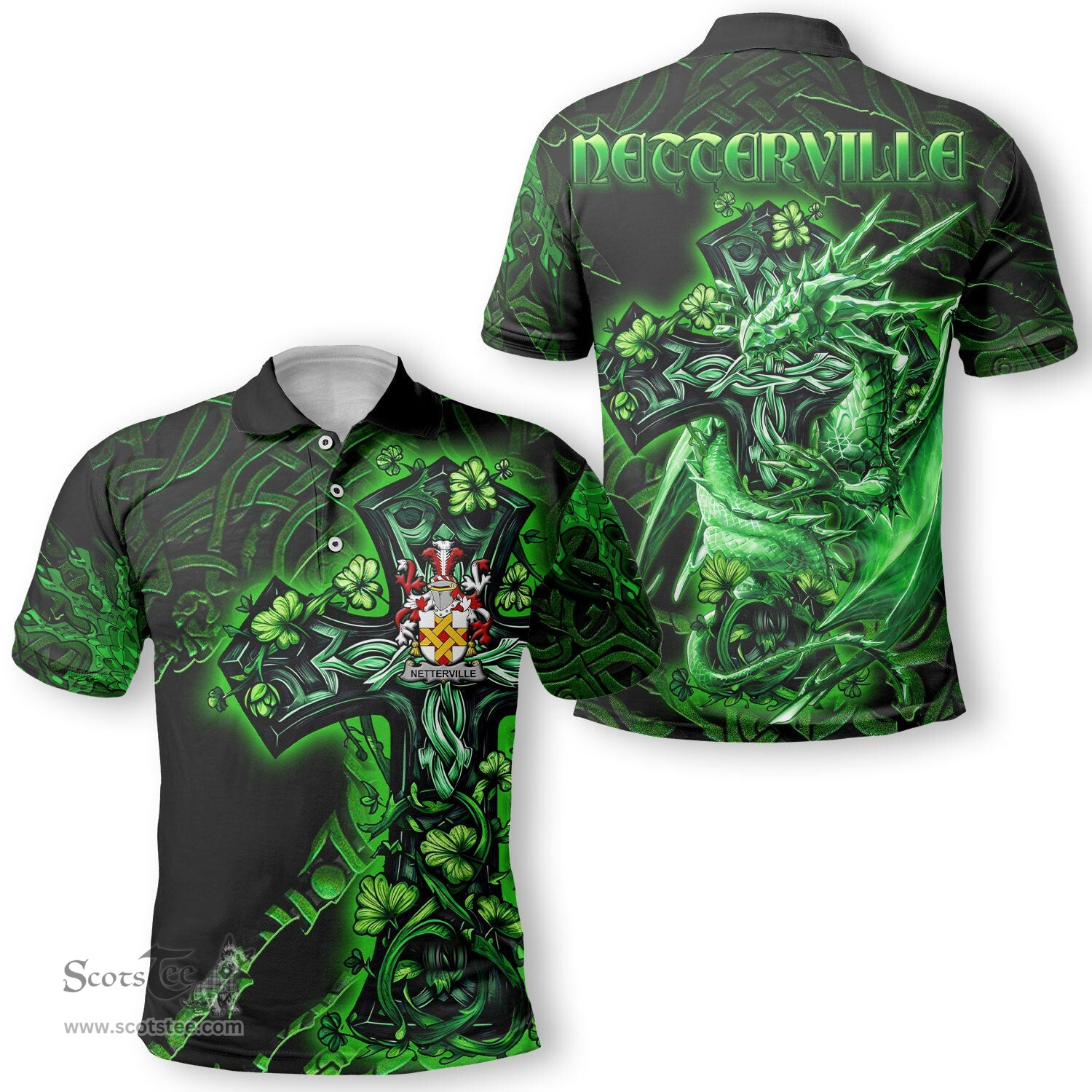 ScotsTee Shop Irish Netterville or Netterfield Coat of Arms Irish Polo Shirt Family Crest Celtic Cross And Dragon Polo Shirt