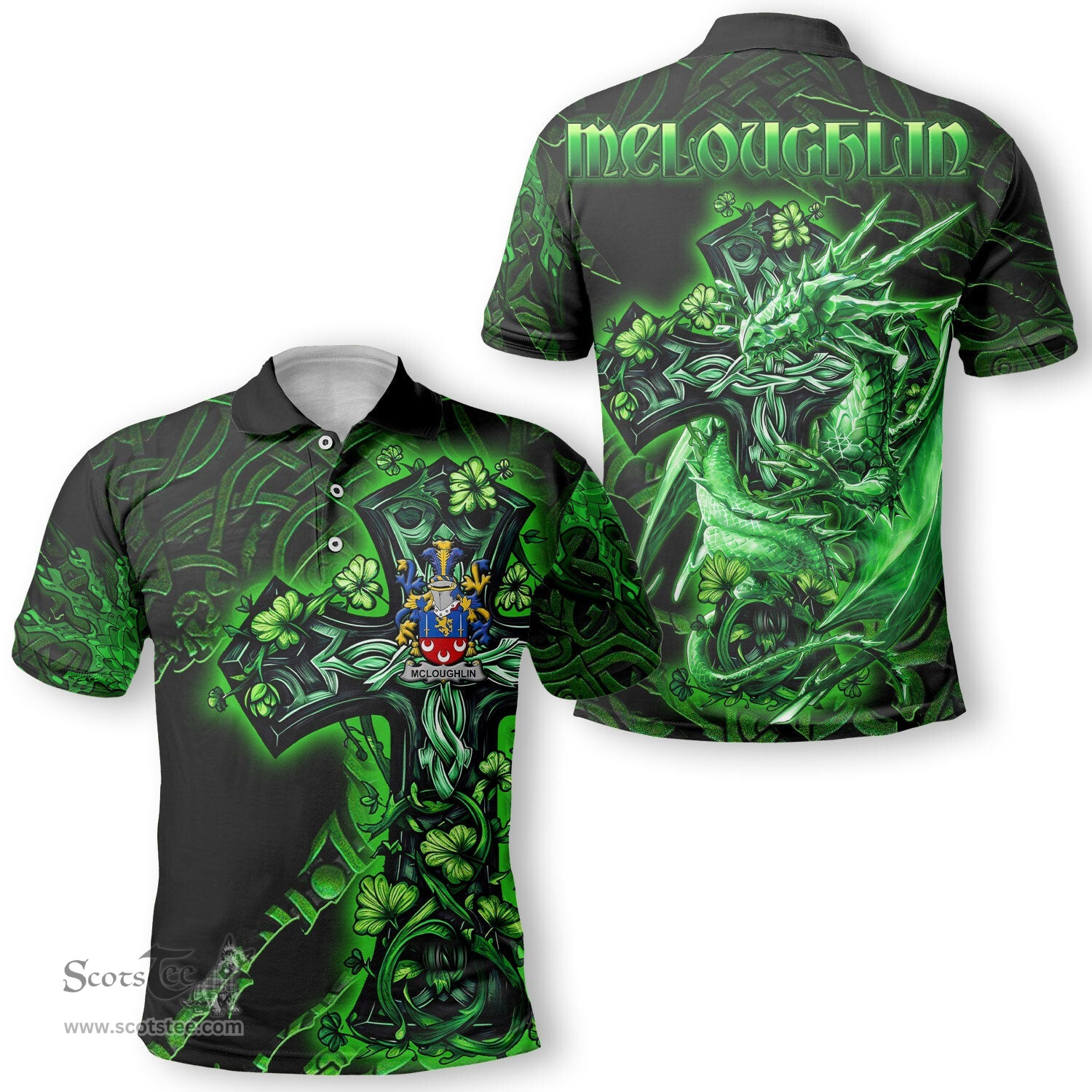 ScotsTee Shop Irish McLoughlin or Loughlin Coat of Arms Irish Polo Shirt Family Crest Celtic Cross And Dragon Polo Shirt