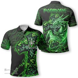 ScotsTee Shop Irish Podmore Coat of Arms Irish Polo Shirt Family Crest Celtic Cross And Dragon Polo Shirt