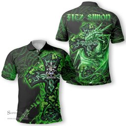 ScotsTee Shop Irish Fitz Simon Coat of Arms Irish Polo Shirt Family Crest Celtic Cross And Dragon Polo Shirt