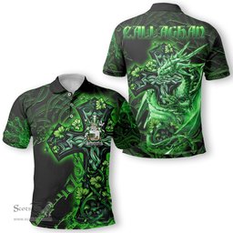 ScotsTee Shop Irish Callaghan or O Callaghan Coat of Arms Irish Polo Shirt Family Crest Celtic Cross And Dragon Polo Shirt