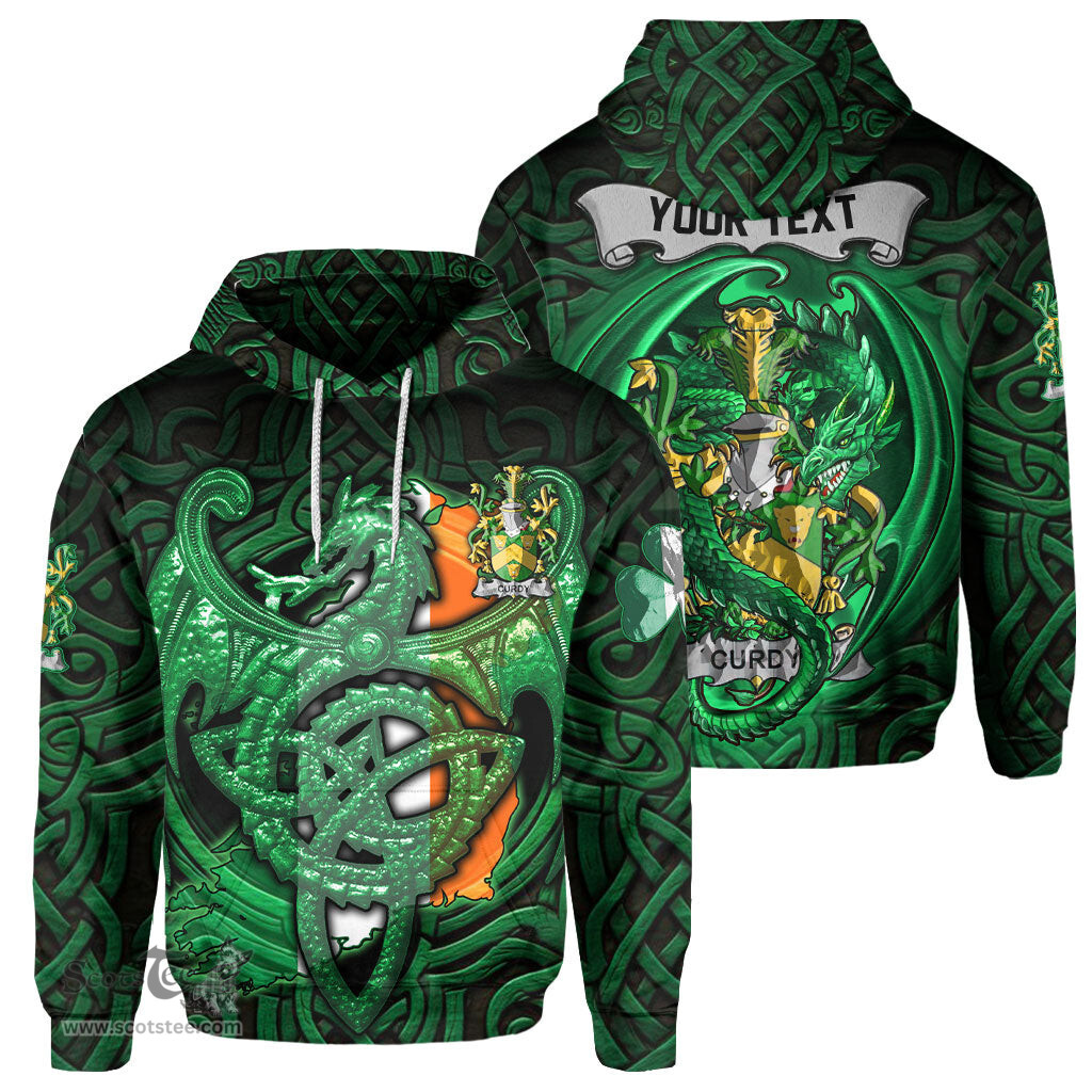 ScotsTee Shop Irish Curdy or McCurdy Coat of Arms Irish Hoodie Family Crest Green Dragon Of Ireland Hoodie