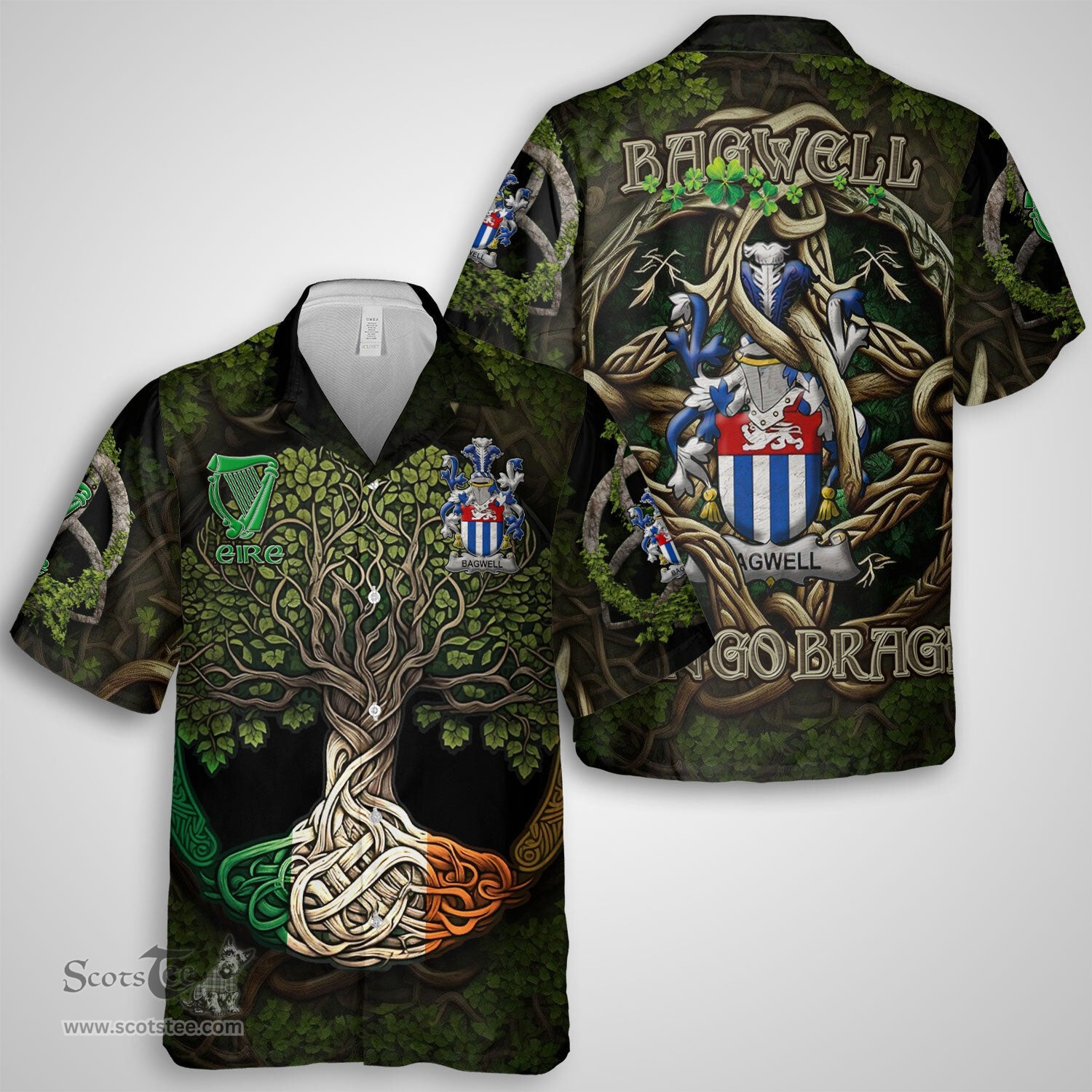 ScotsTee Shop Irish Bagwell Coat of Arms Irish Shirt Family Crest Irish Is My Root Short Sleeve Shirt