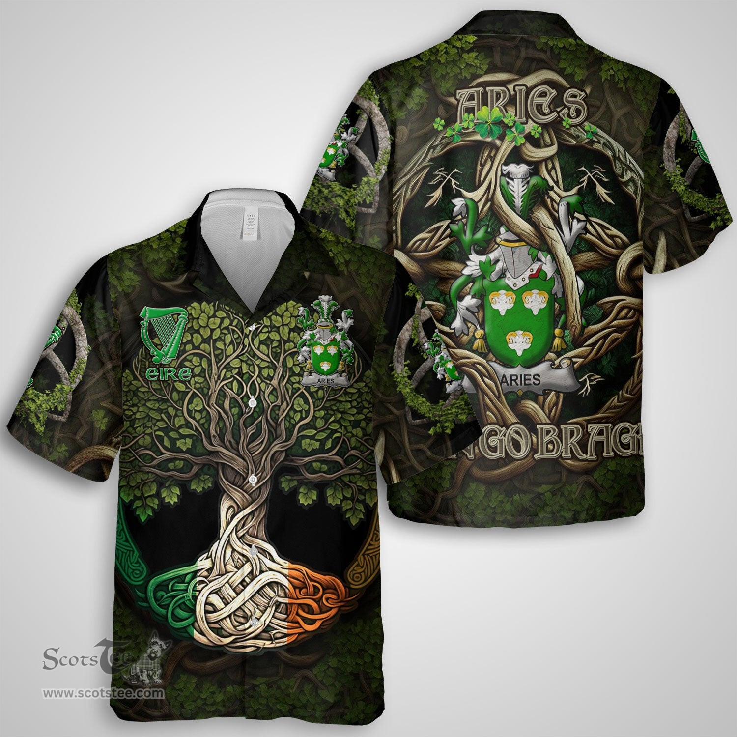 ScotsTee Shop Irish Aries Coat of Arms Irish Shirt Family Crest Irish Is My Root Short Sleeve Shirt