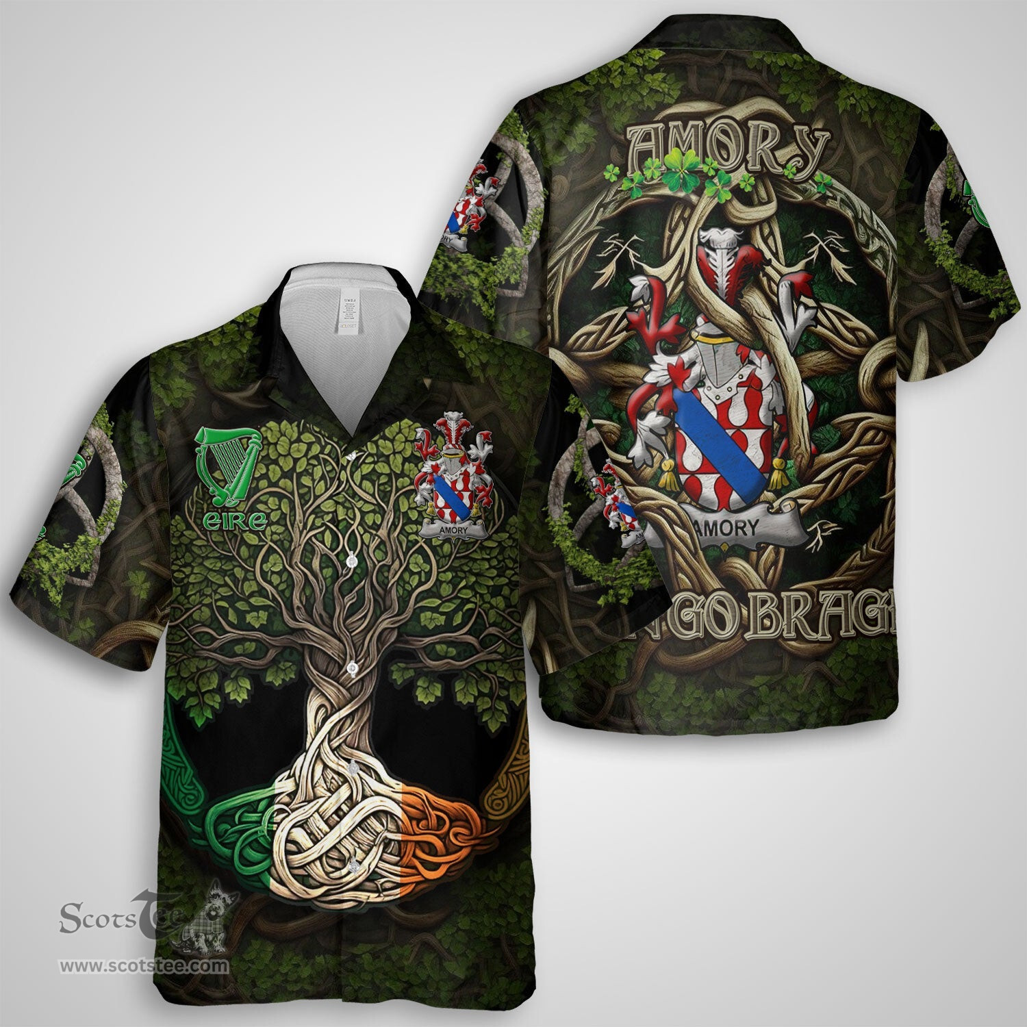 ScotsTee Shop Irish Amory Coat of Arms Irish Shirt Family Crest Irish Is My Root Short Sleeve Shirt