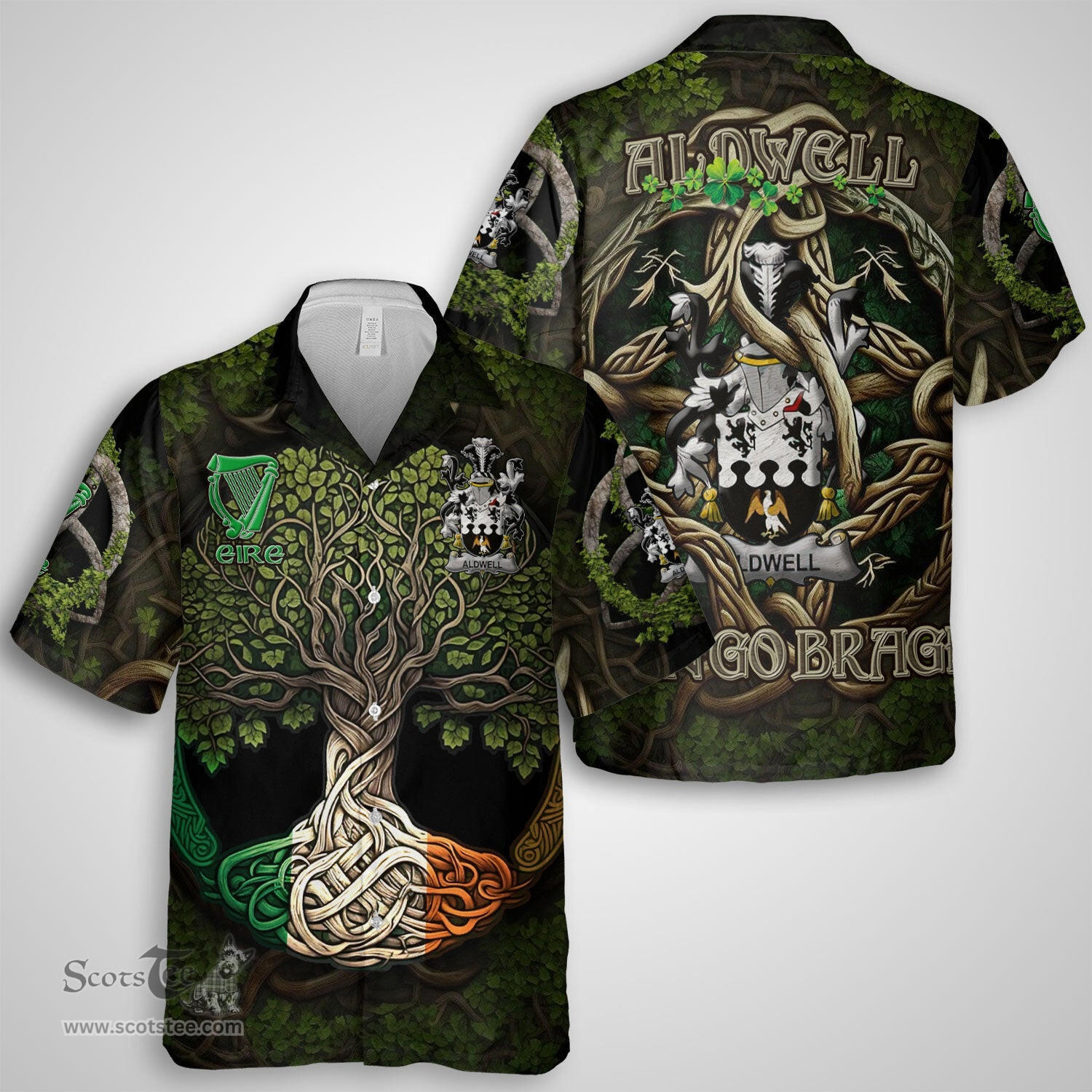 ScotsTee Shop Irish Aldwell Coat of Arms Irish Shirt Family Crest Irish Is My Root Short Sleeve Shirt