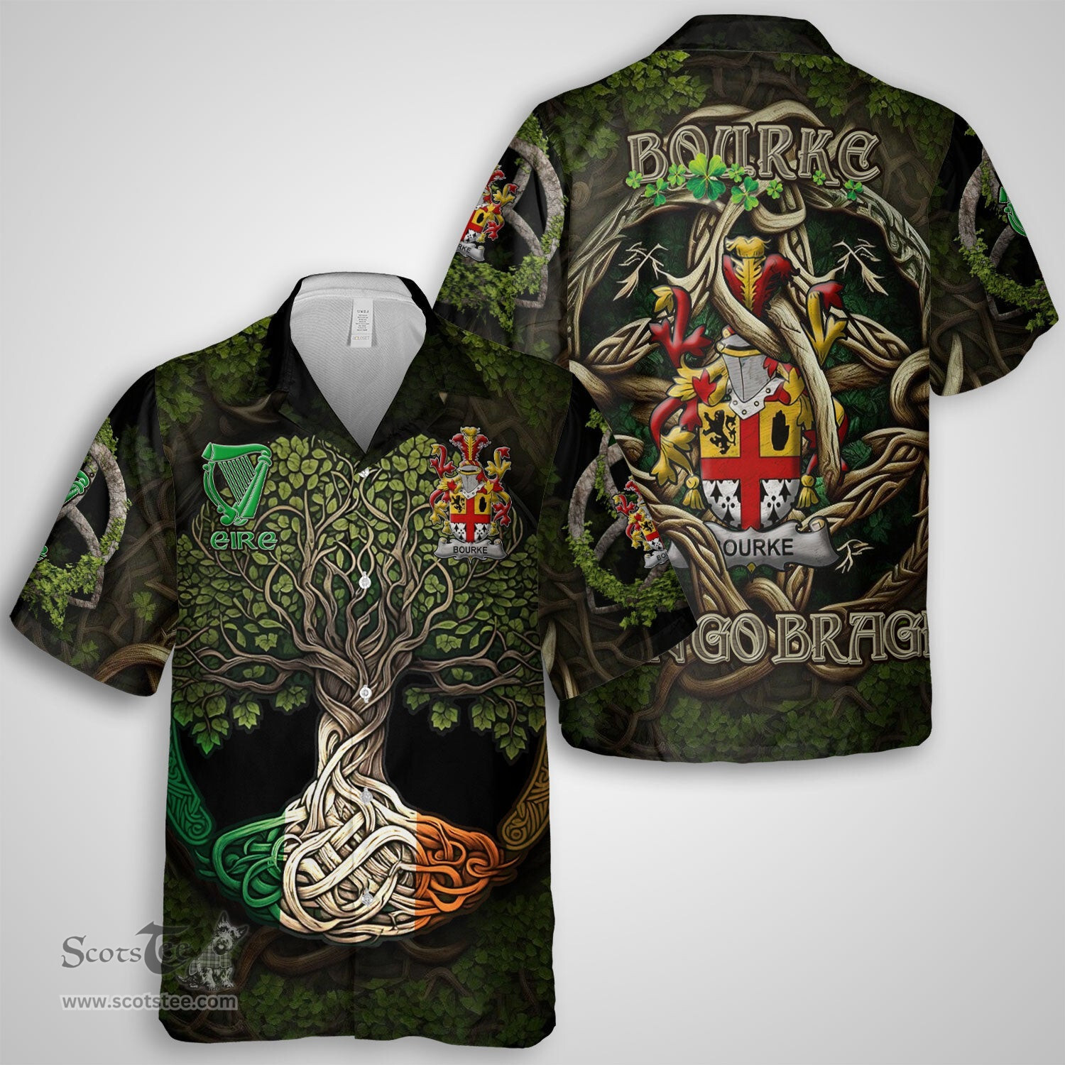 ScotsTee Shop Irish Bourke Coat of Arms Irish Shirt Family Crest Irish Is My Root Short Sleeve Shirt