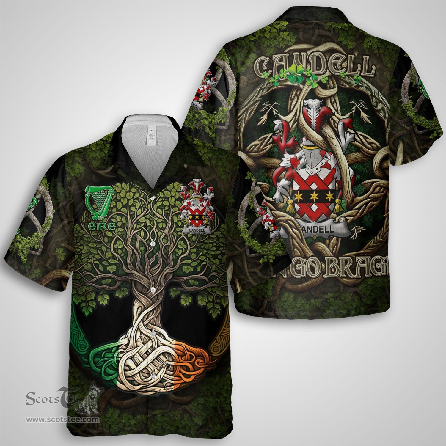 ScotsTee Shop Irish Candell Coat of Arms Irish Shirt Family Crest Irish Is My Root Short Sleeve Shirt