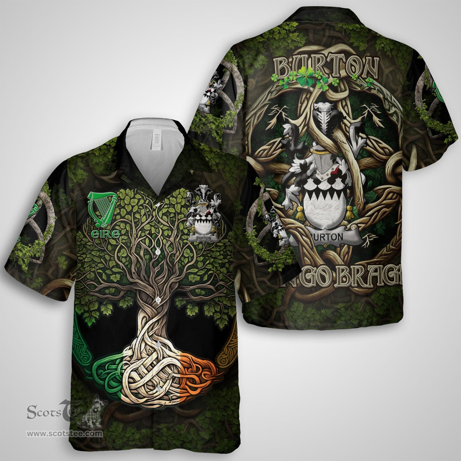 ScotsTee Shop Irish Burton Coat of Arms Irish Shirt Family Crest Irish Is My Root Short Sleeve Shirt