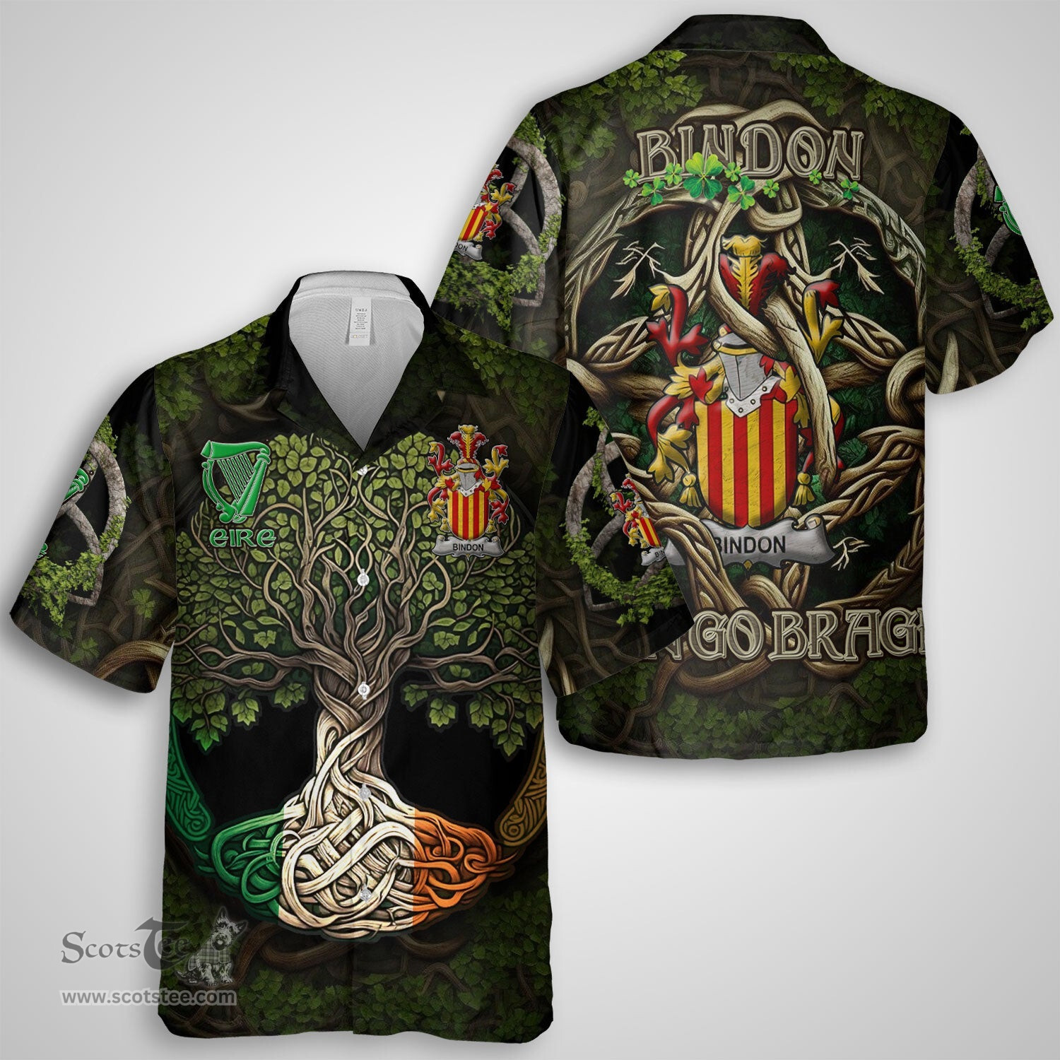 ScotsTee Shop Irish Bindon Coat of Arms Irish Shirt Family Crest Irish Is My Root Short Sleeve Shirt