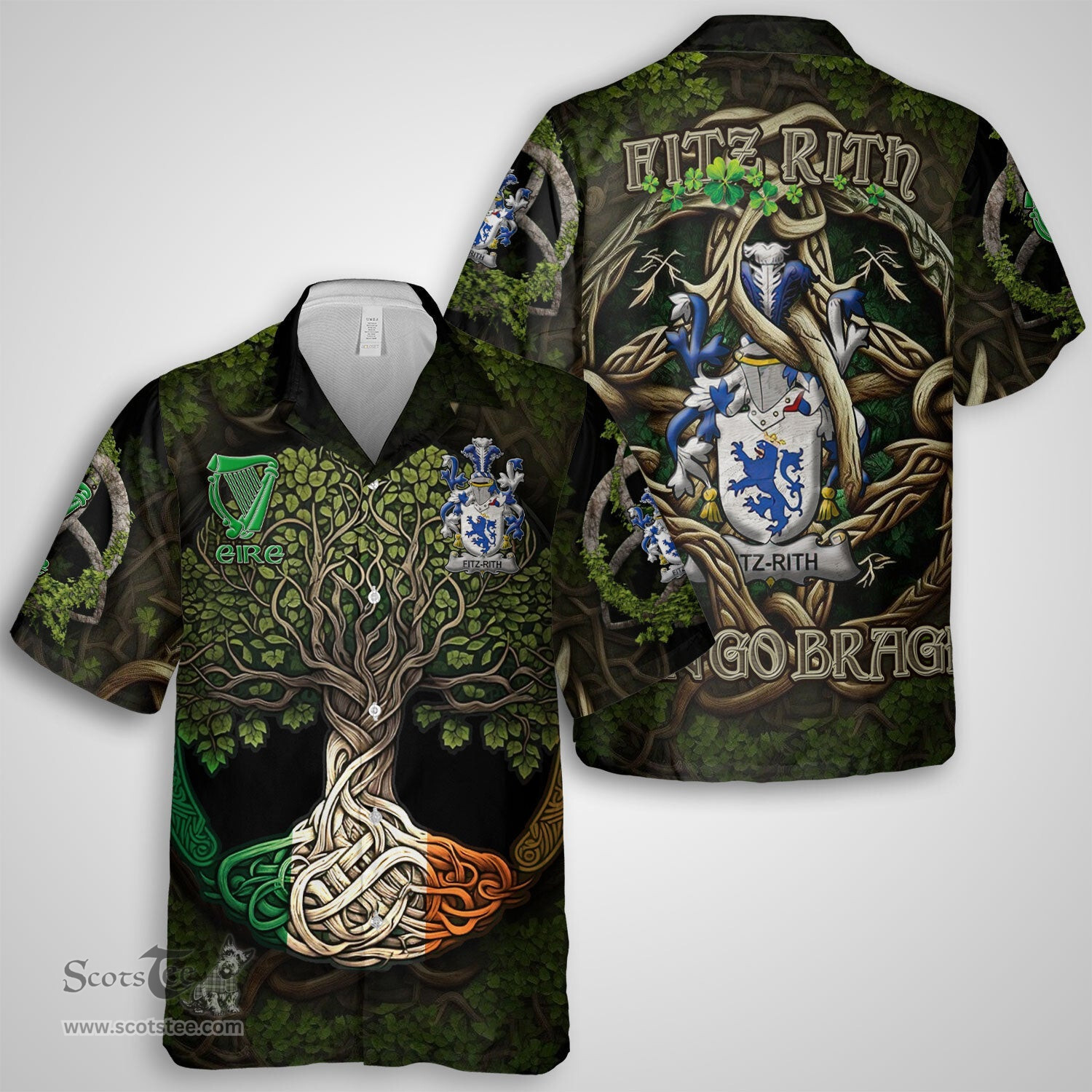 ScotsTee Shop Irish Fitz Rith Coat of Arms Irish Shirt Family Crest Irish Is My Root Short Sleeve Shirt