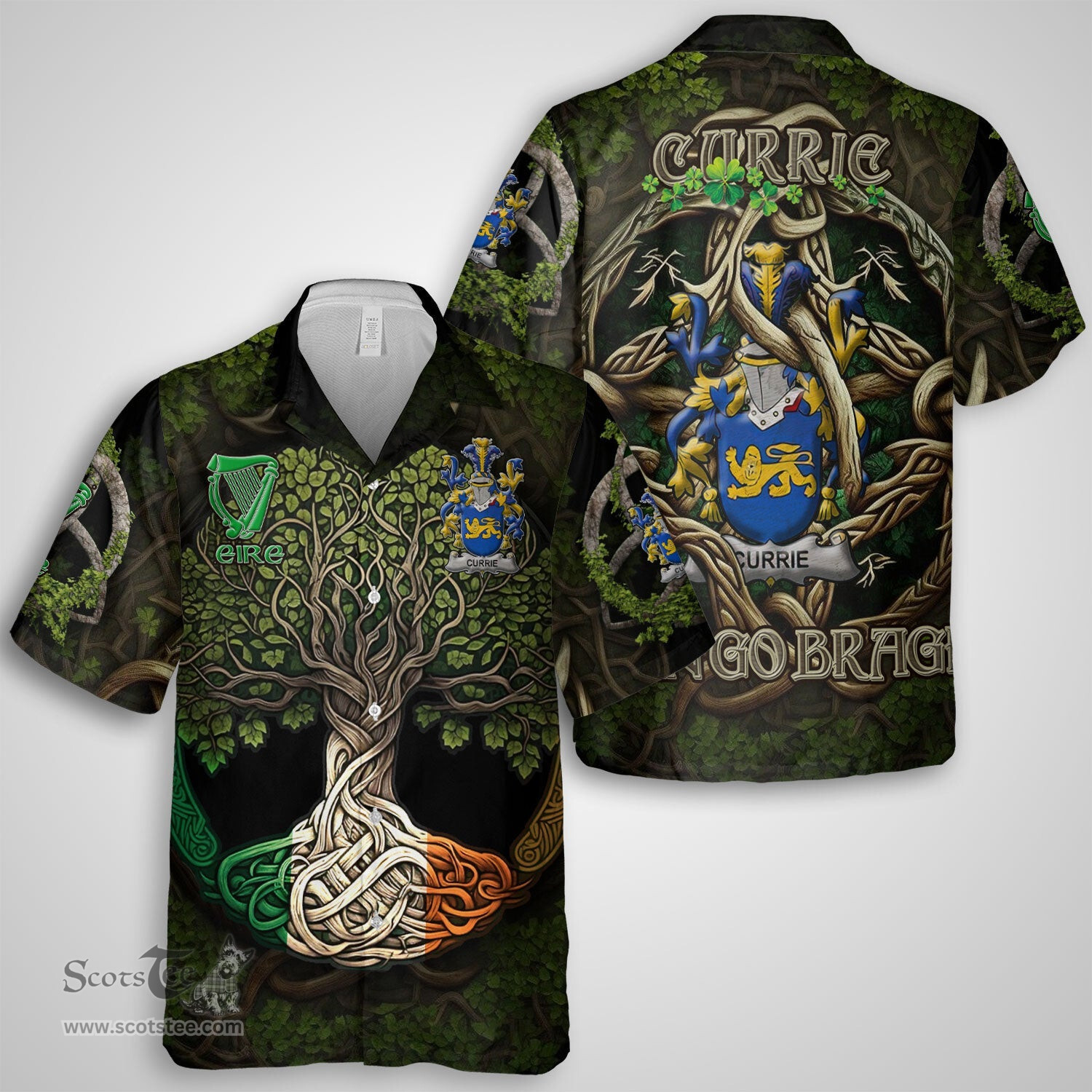 ScotsTee Shop Irish Currie or O Currie Coat of Arms Irish Shirt Family Crest Irish Is My Root Short Sleeve Shirt