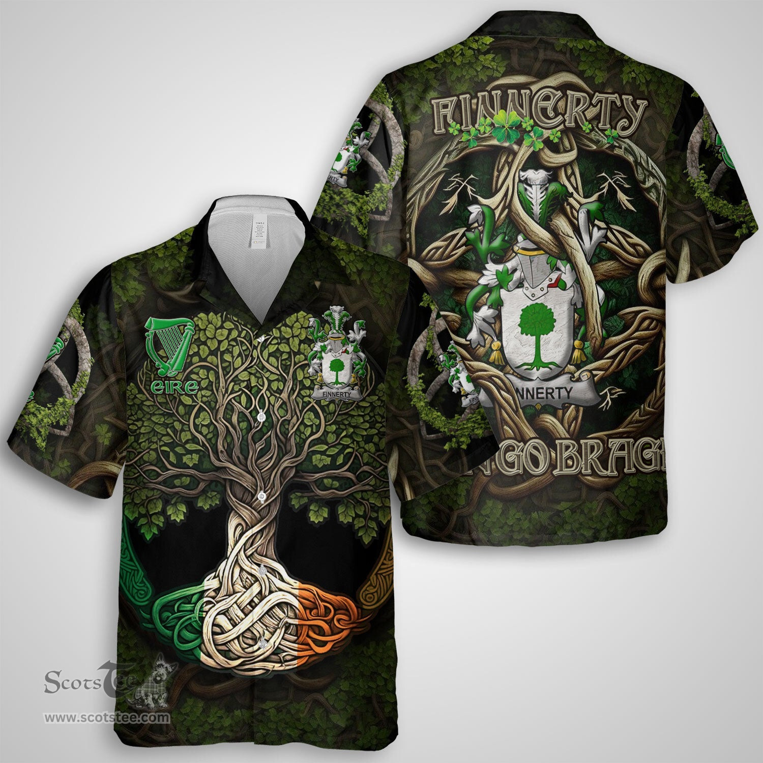 ScotsTee Shop Irish Finnerty or O Finaghty Coat of Arms Irish Shirt Family Crest Irish Is My Root Short Sleeve Shirt