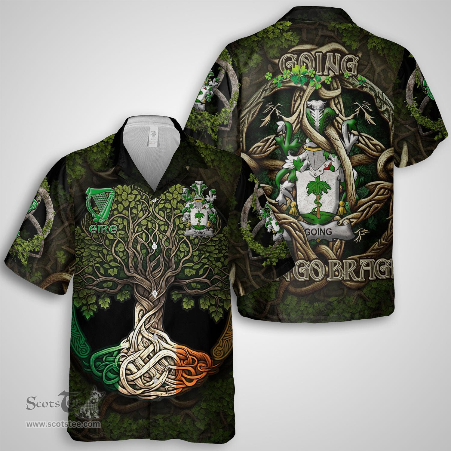 ScotsTee Shop Irish Going Coat of Arms Irish Shirt Family Crest Irish Is My Root Short Sleeve Shirt