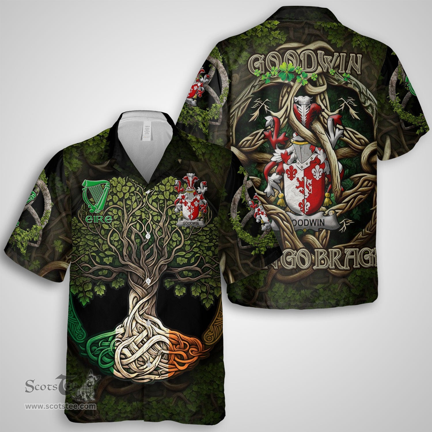 ScotsTee Shop Irish Goodwin Coat of Arms Irish Shirt Family Crest Irish Is My Root Short Sleeve Shirt