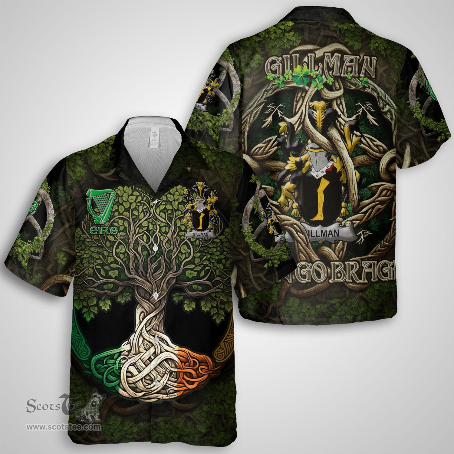 ScotsTee Shop Irish Gillman Coat of Arms Irish Shirt Family Crest Irish Is My Root Short Sleeve Shirt
