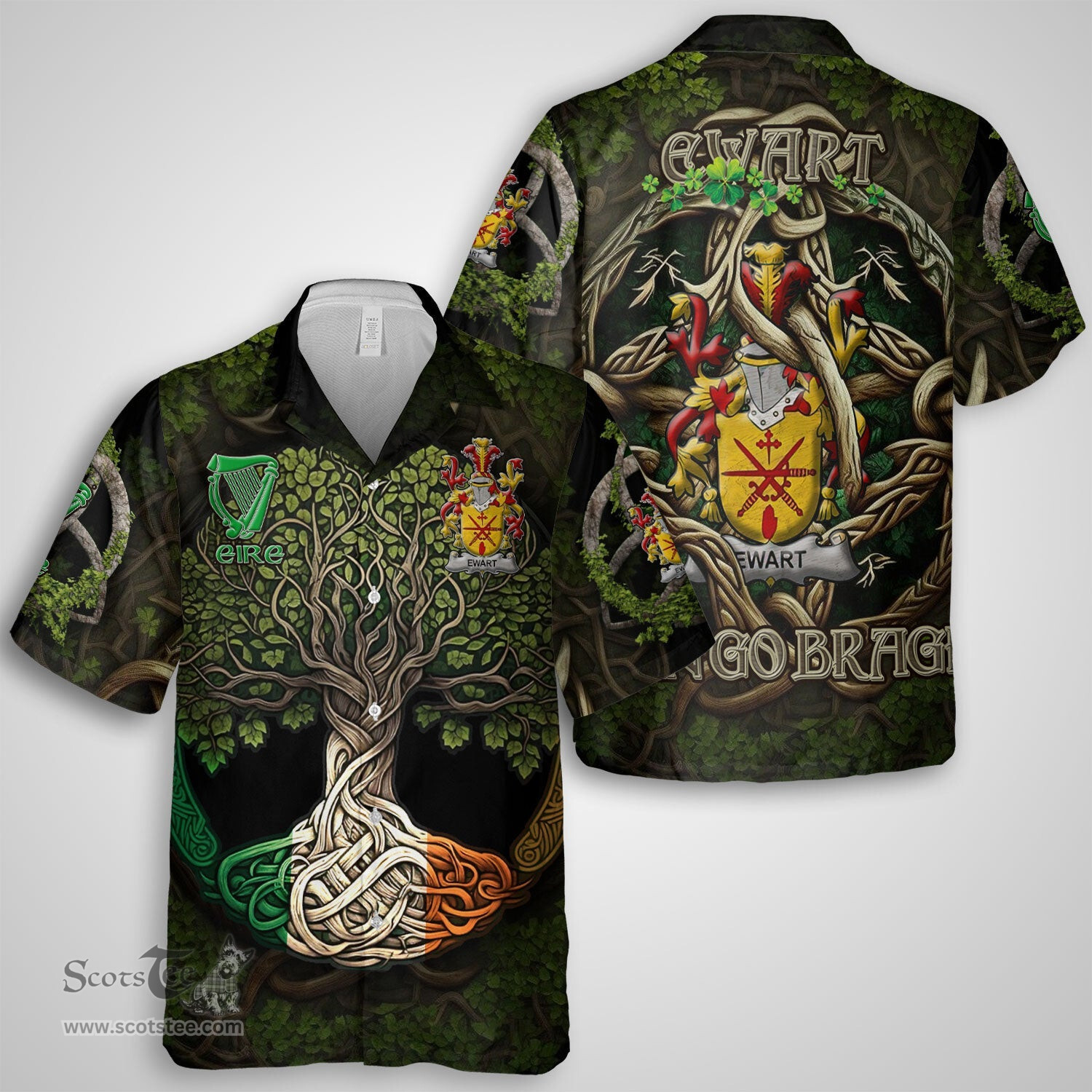 ScotsTee Shop Irish Ewart Coat of Arms Irish Shirt Family Crest Irish Is My Root Short Sleeve Shirt