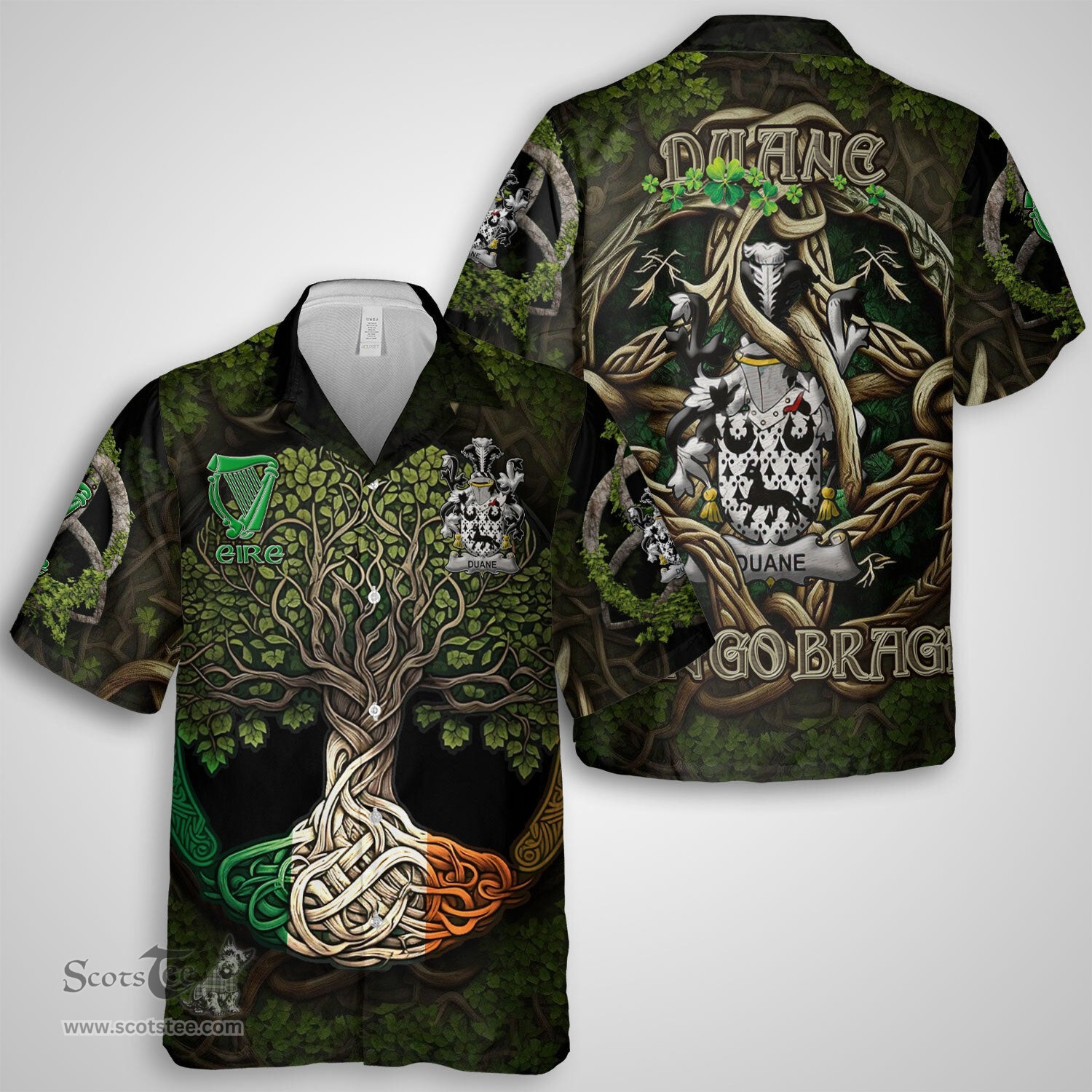 ScotsTee Shop Irish Duane or O Devine Coat of Arms Irish Shirt Family Crest Irish Is My Root Short Sleeve Shirt