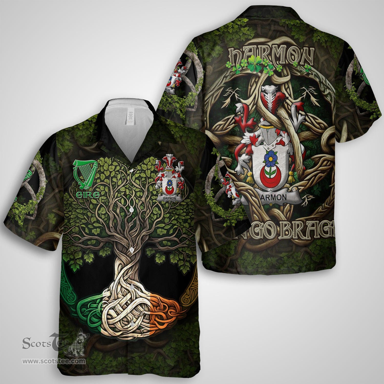 ScotsTee Shop Irish Harmon Coat of Arms Irish Shirt Family Crest Irish Is My Root Short Sleeve Shirt