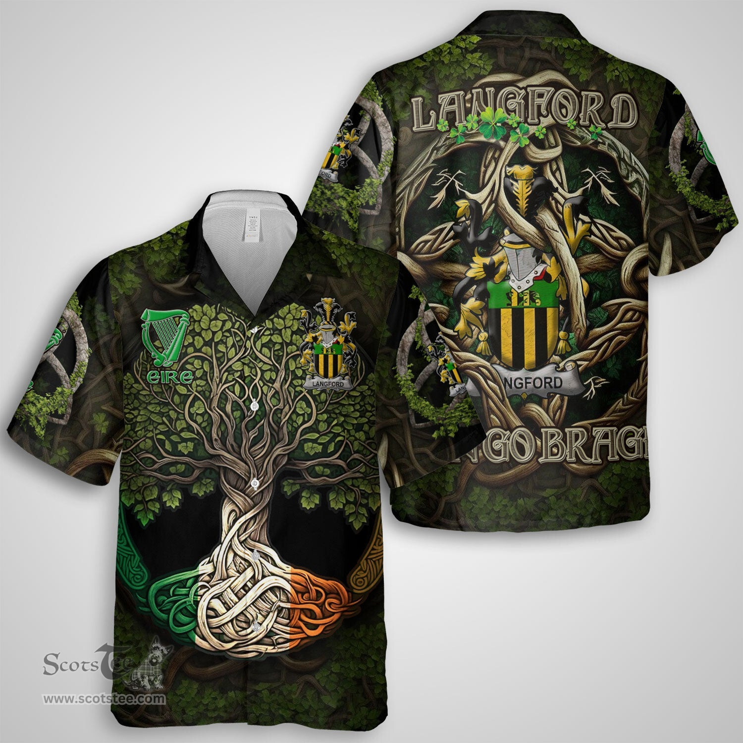 ScotsTee Shop Irish Langford Coat of Arms Irish Shirt Family Crest Irish Is My Root Short Sleeve Shirt