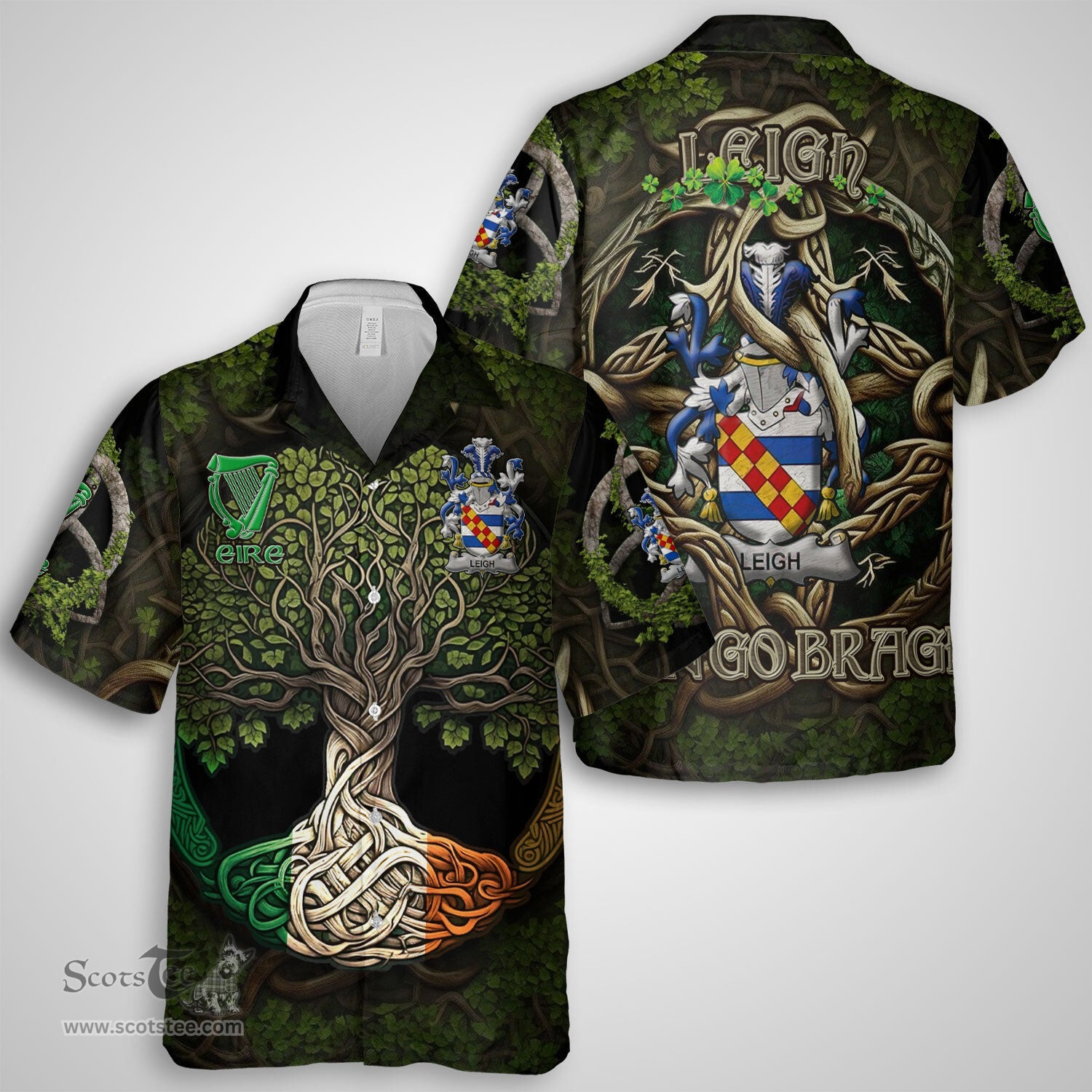 ScotsTee Shop Irish Leigh or McLaeghis Coat of Arms Irish Shirt Family Crest Irish Is My Root Short Sleeve Shirt