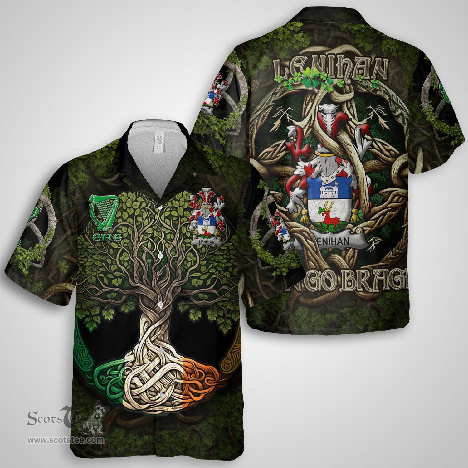 ScotsTee Shop Irish Lenihan or O Lenaghan Coat of Arms Irish Shirt Family Crest Irish Is My Root Short Sleeve Shirt