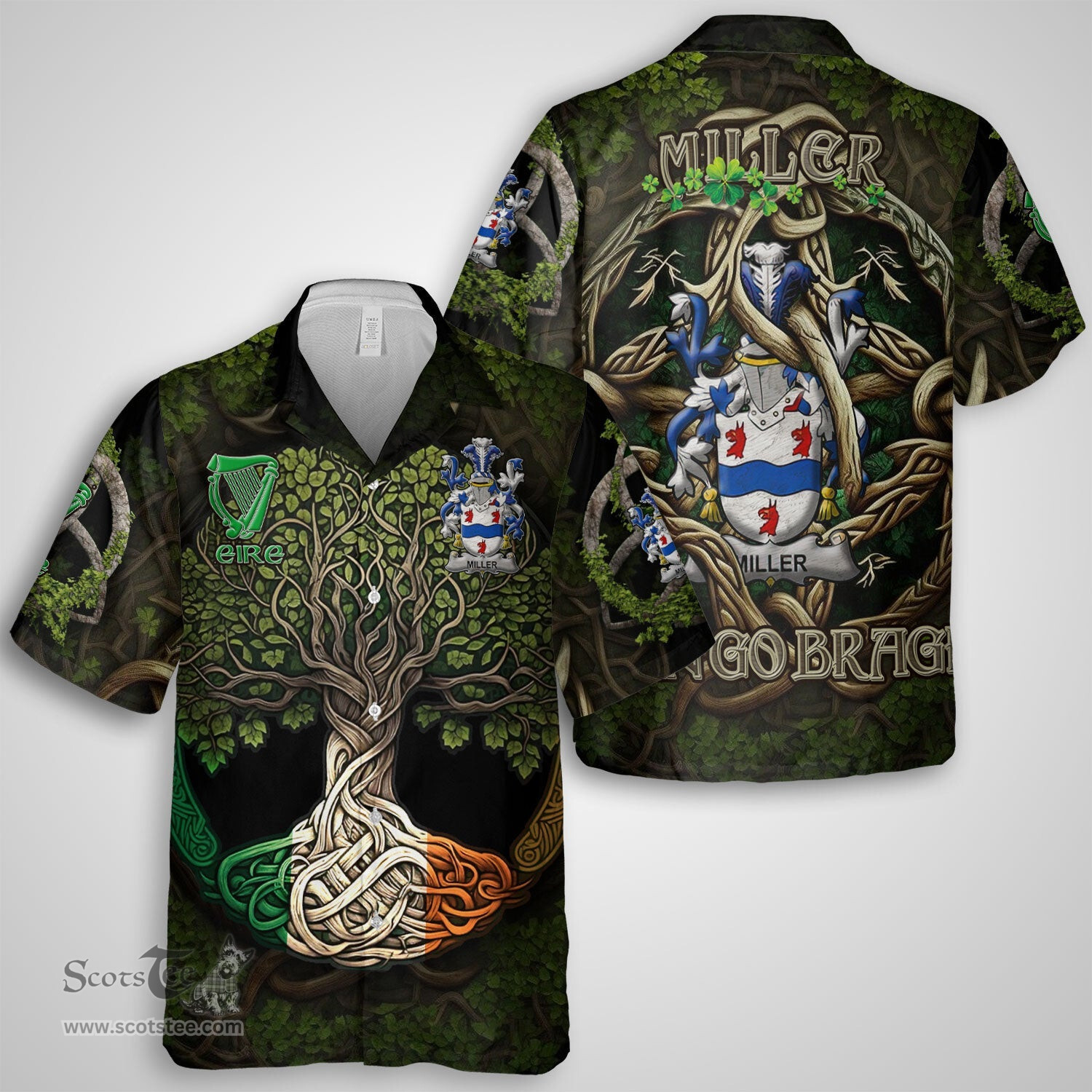 ScotsTee Shop Irish Miller Coat of Arms Irish Shirt Family Crest Irish Is My Root Short Sleeve Shirt