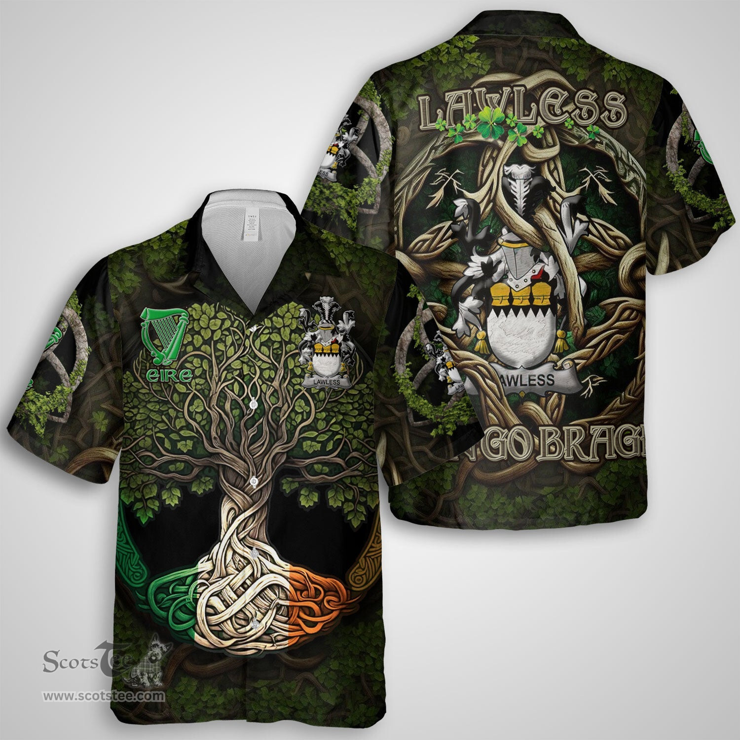 ScotsTee Shop Irish Lawless Coat of Arms Irish Shirt Family Crest Irish Is My Root Short Sleeve Shirt